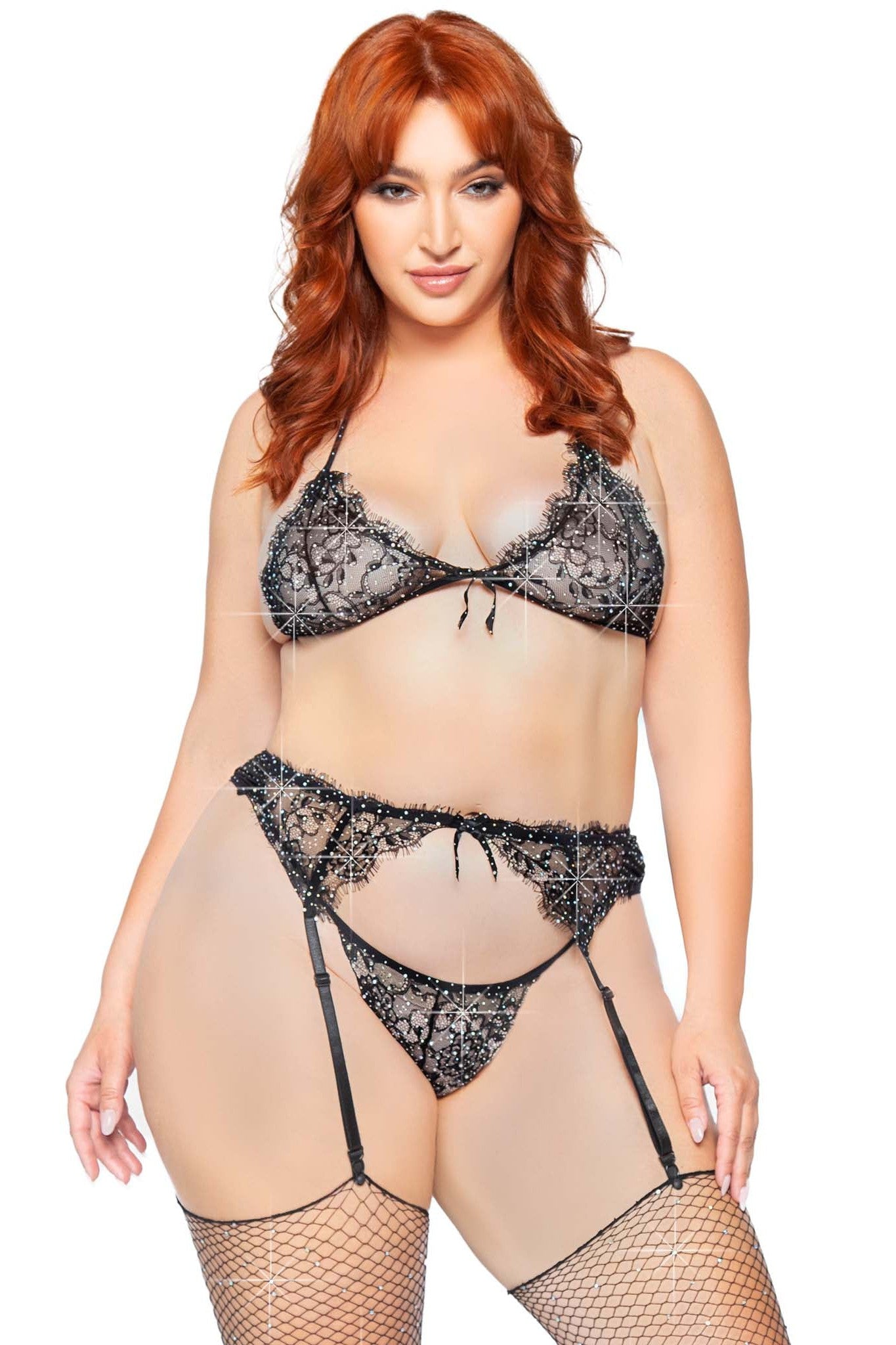 Plus Size 3 Piece Rhinestone Lace Bra Top Set With Garter Belt & G-String