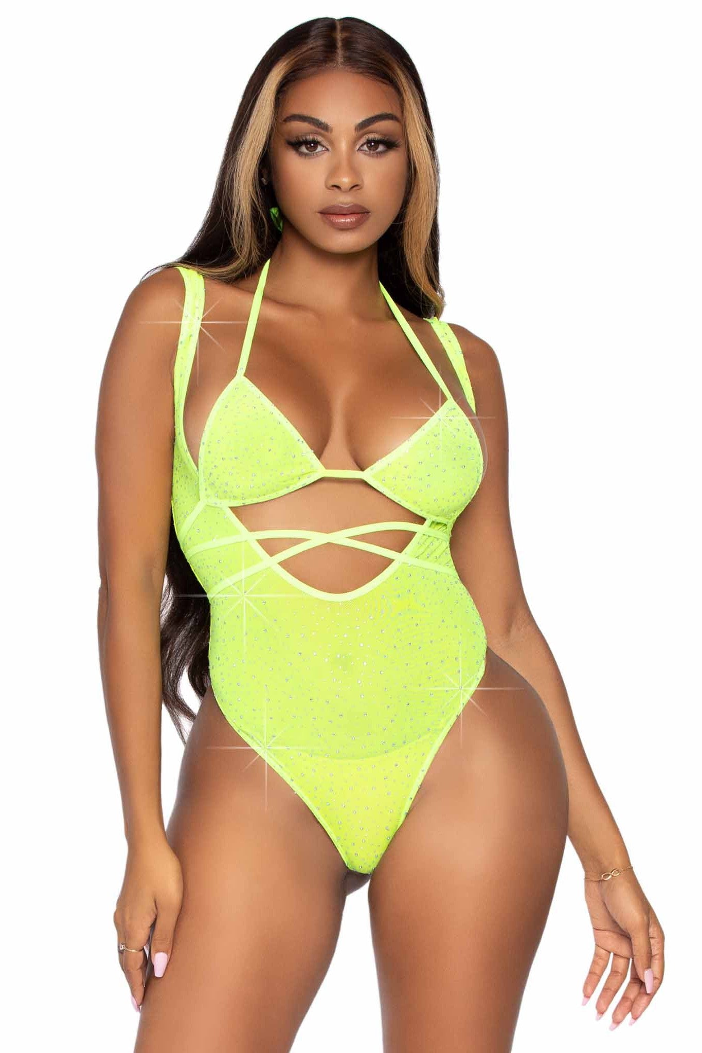 2 Piece Rhinestone Mesh Wrap Around Bikini Top & Suspender Bodysuit