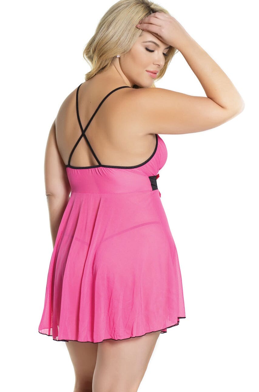 2 PC. Gathered Mesh Babydoll With Crisscross Strap | Plus Size