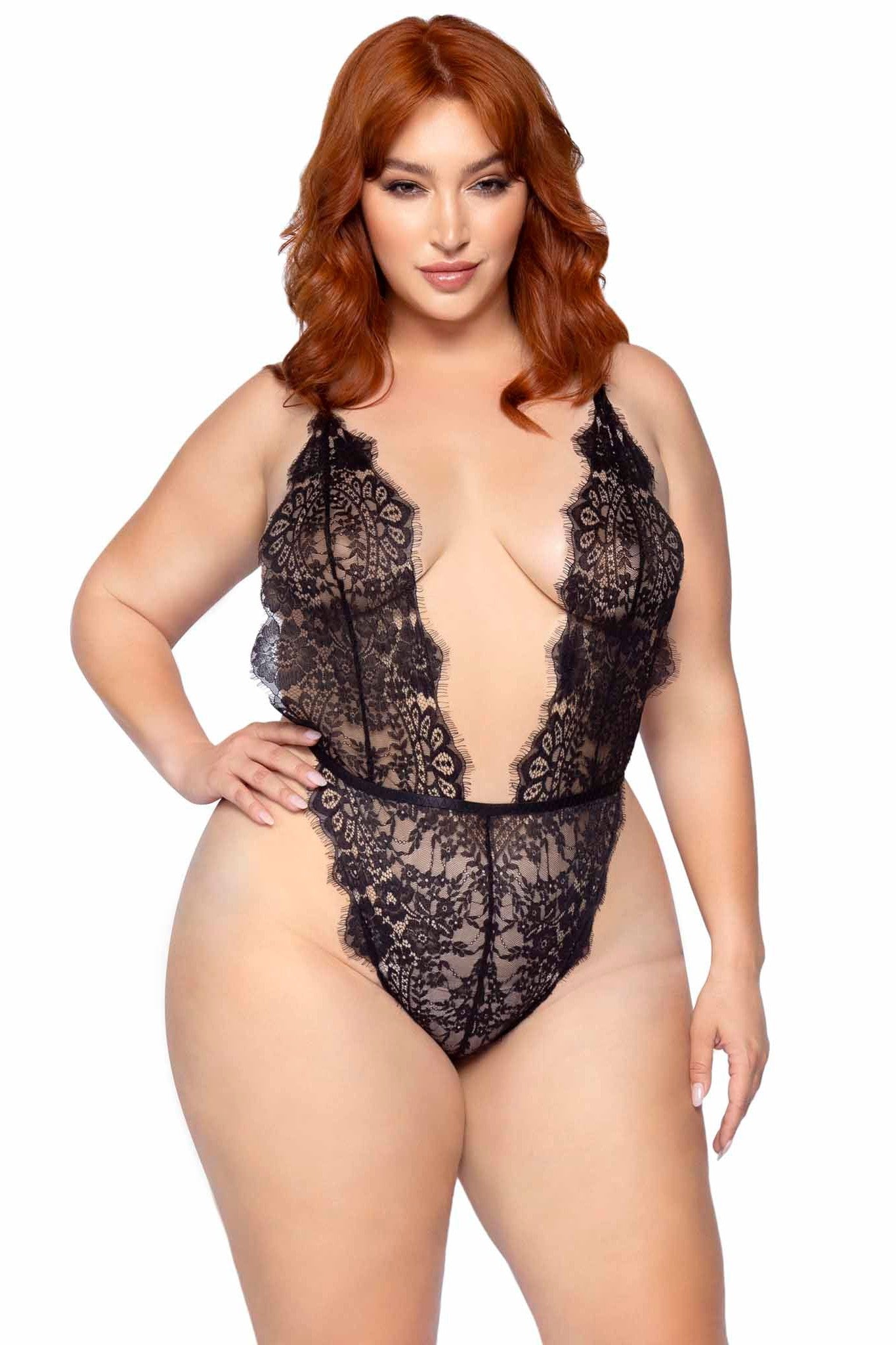 Plus Size 3 Piece Floral Lace Teddy, Thong Back, Matching Robe & Satin Tie