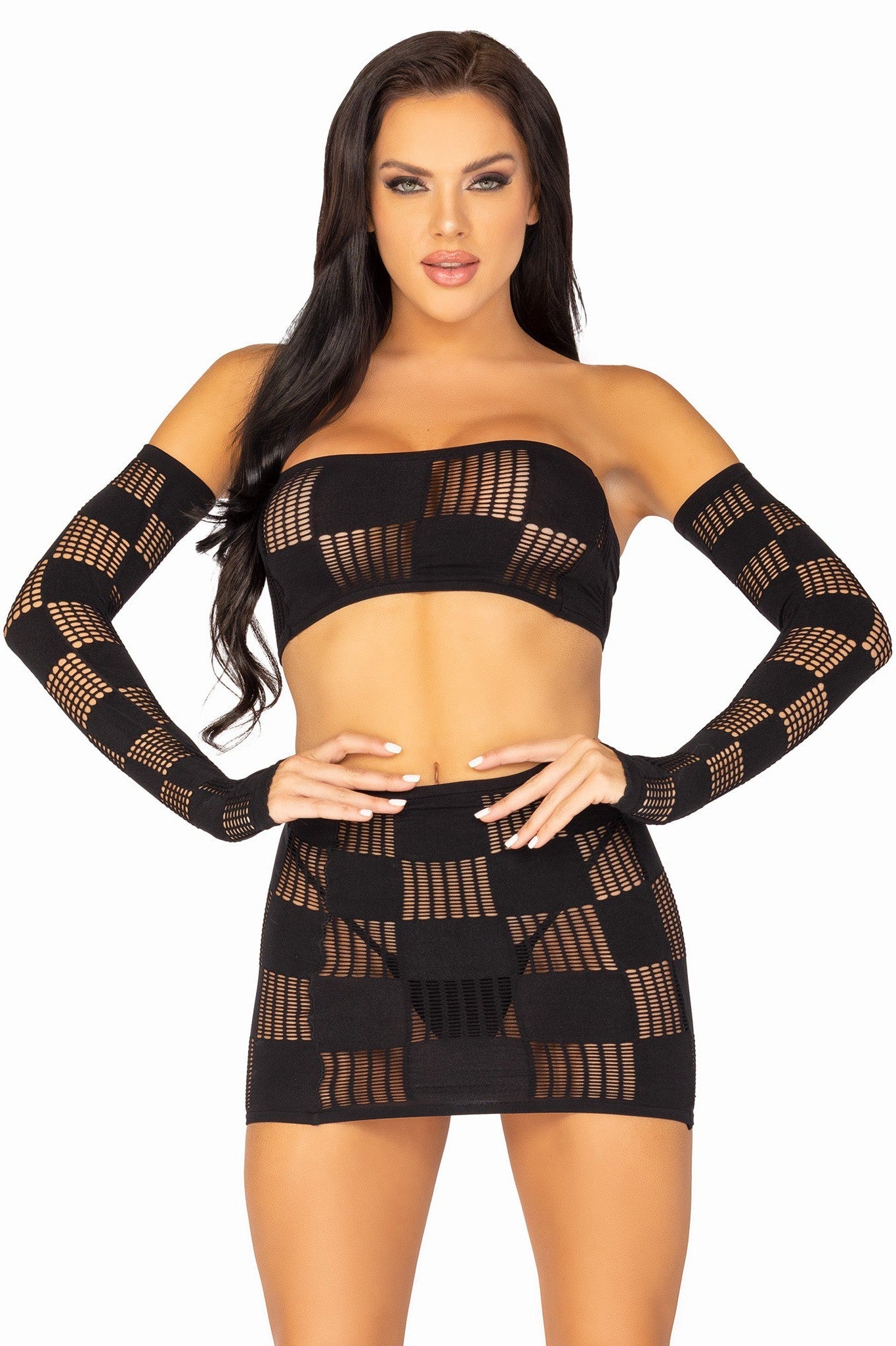 3 Piece Checkerboard Net Bandeau, Mini Skirt & Arm Warmers