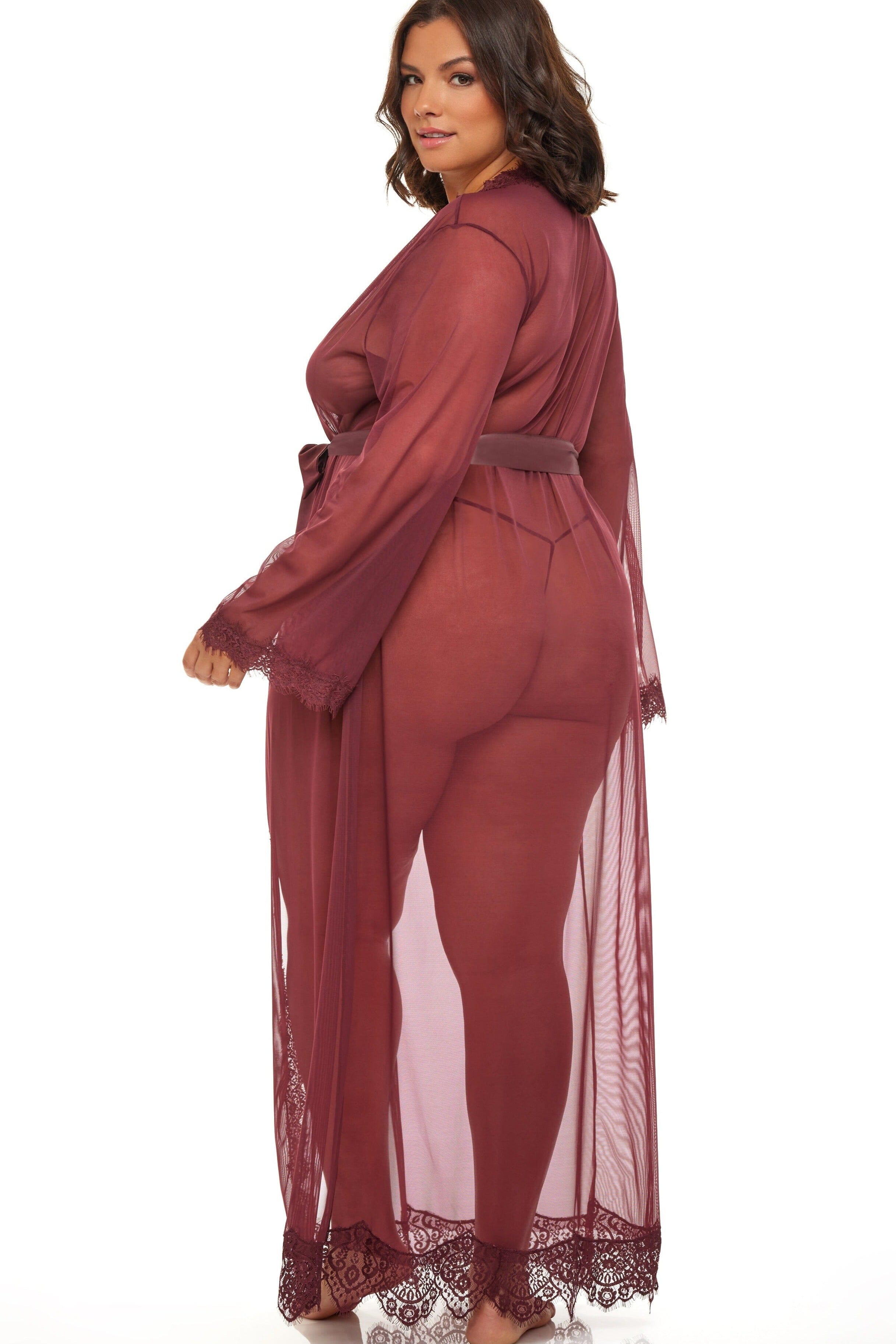 Plus Size Eyelash Lace Floor Length Robe With Satin Sash