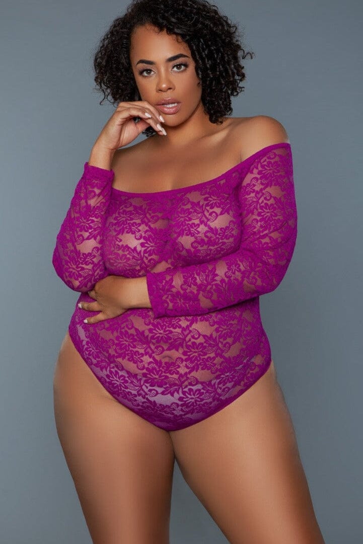 Fuchsia Scooped Neck Long Sleeves Bodysuit | Plus Size