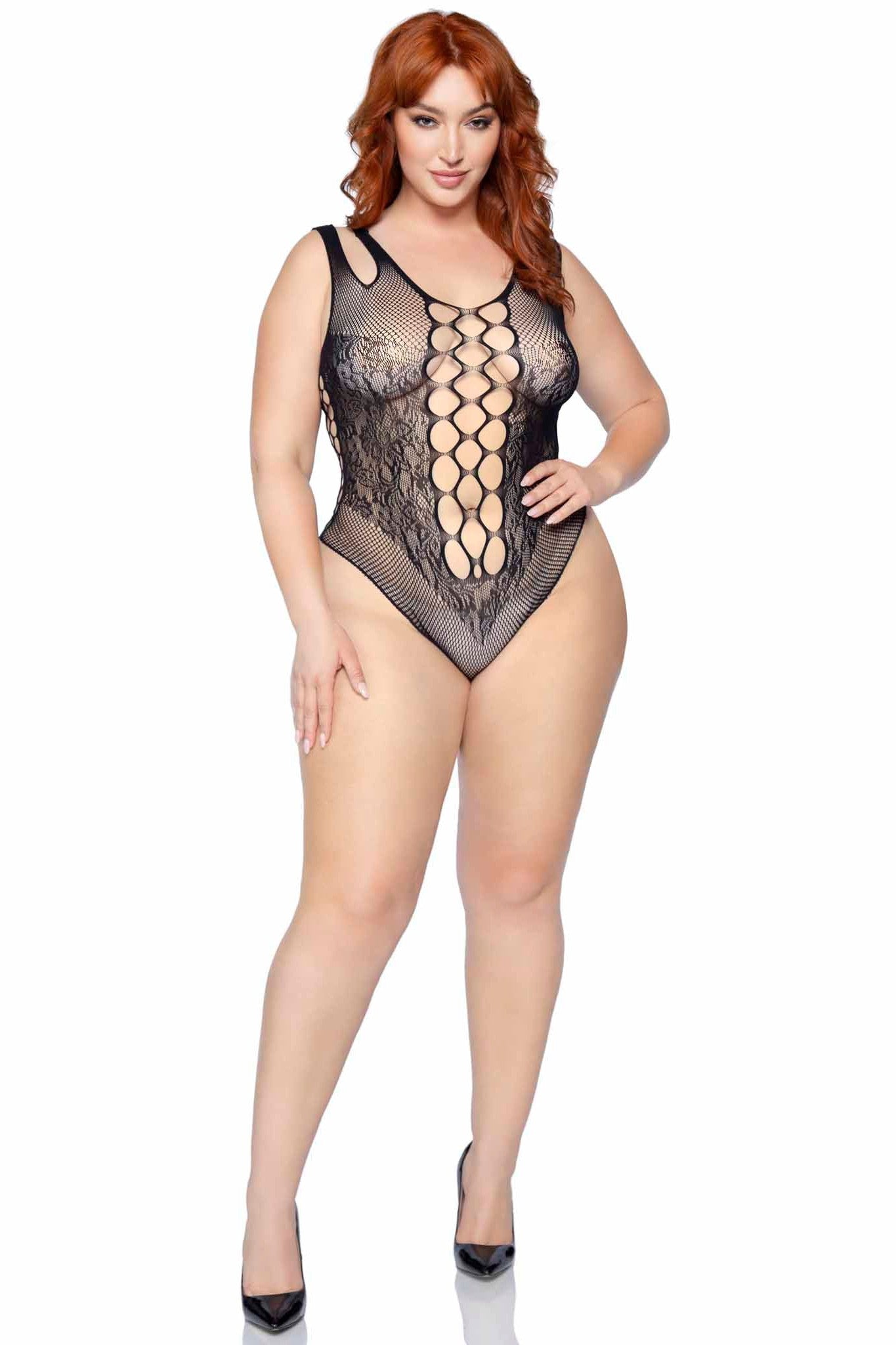 Plus Size Seamless Net & Lace Bodysuit With Dual Straps