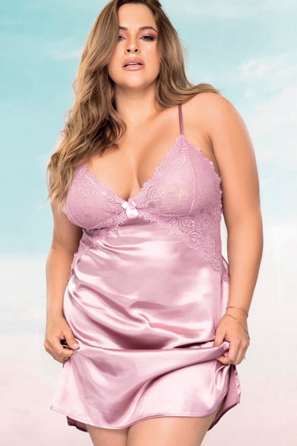 V Neck Lace Bra Cups And Side Slits Babydoll | Plus Size