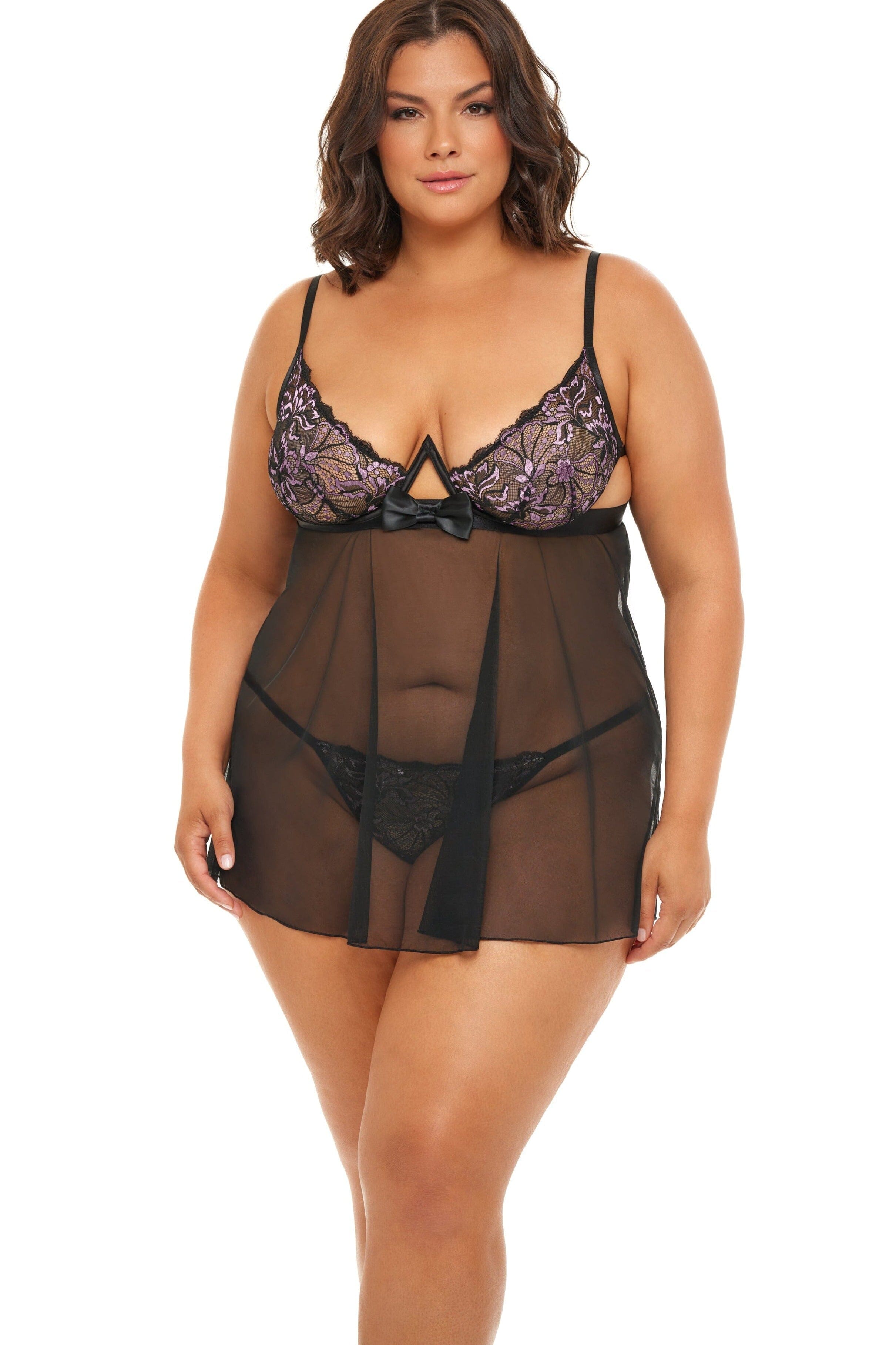 Plus Size Underwire Cup Tulled Babydoll Set