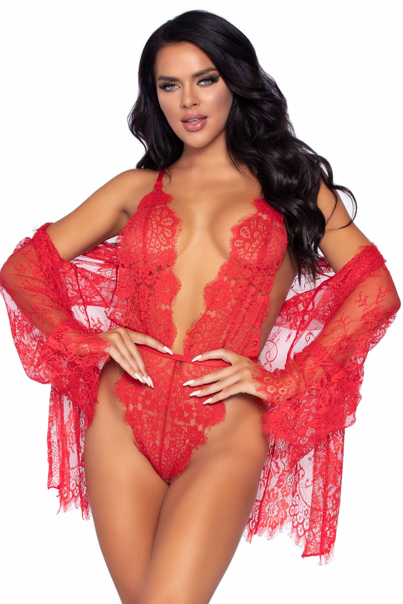 3 Piece Floral Lace Teddy, Thong Back, Matching Robe & Satin Tie