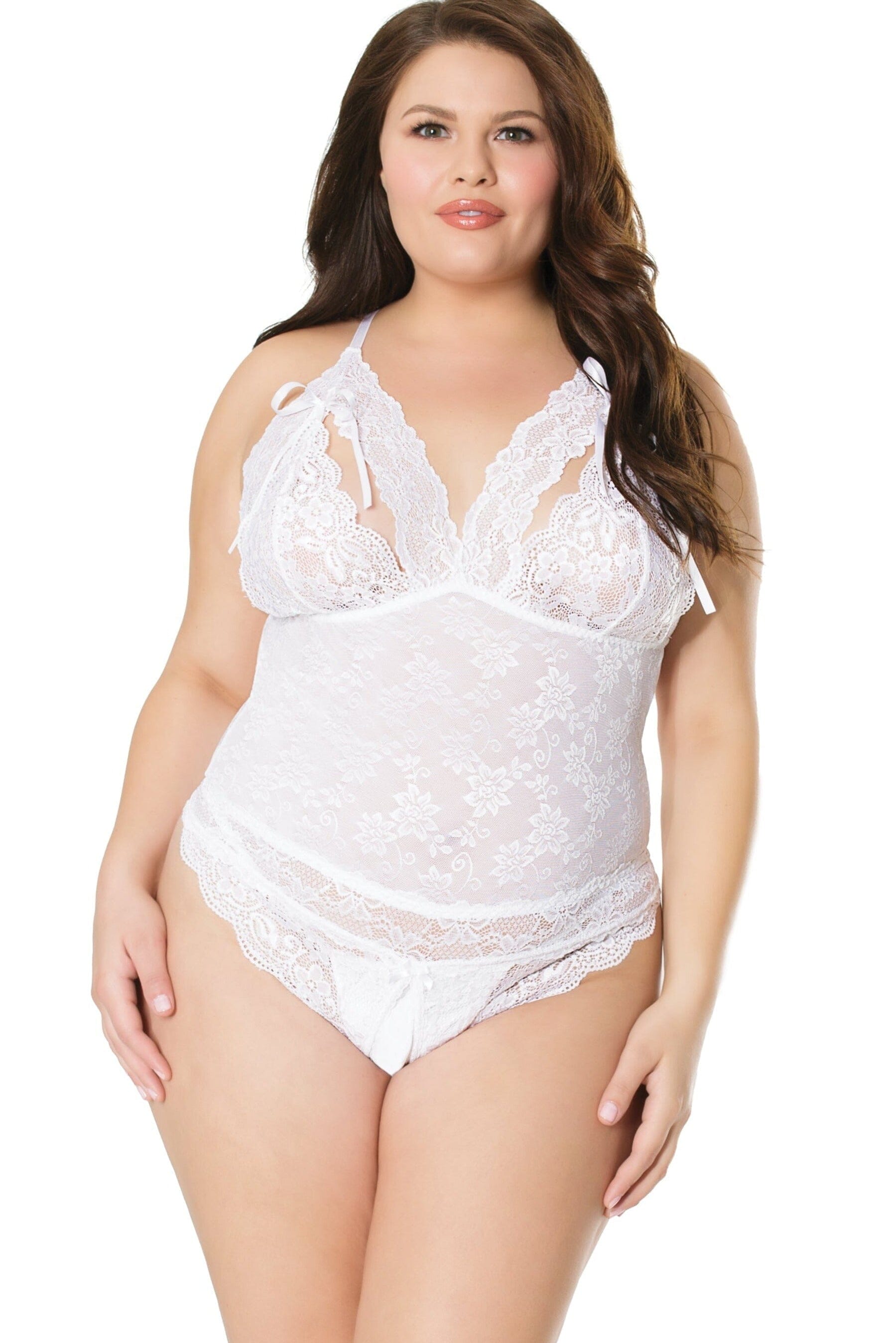 Scallop Stretch Lace Crotchless Teddy | Plus Size