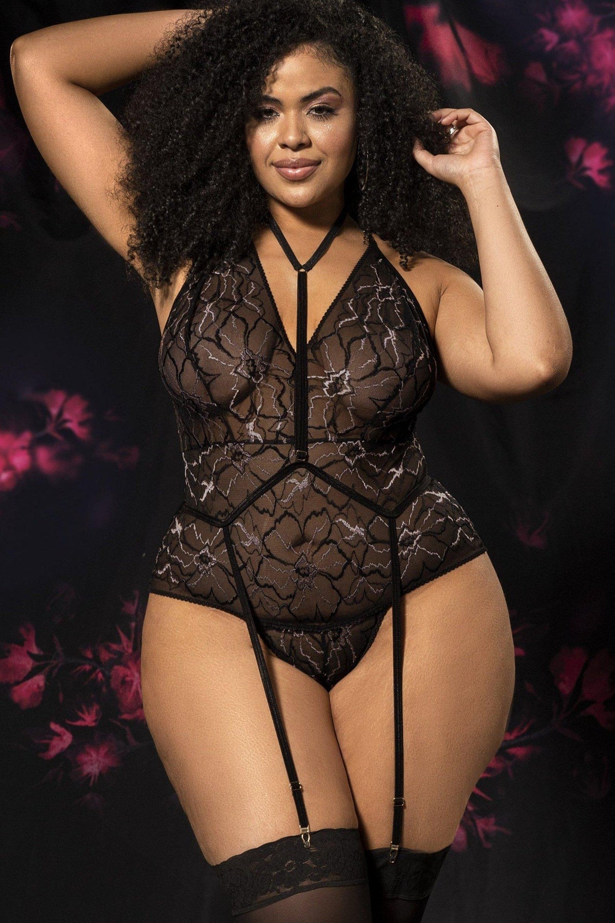 Plus Size Lace Teddy with Detachable Harness