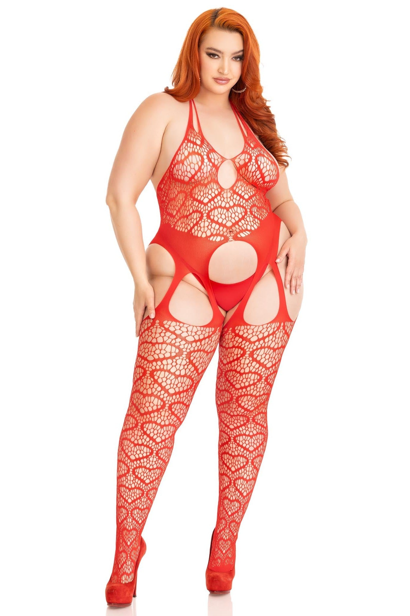 Plus Size Seamless Heart Net Suspender Bodystocking