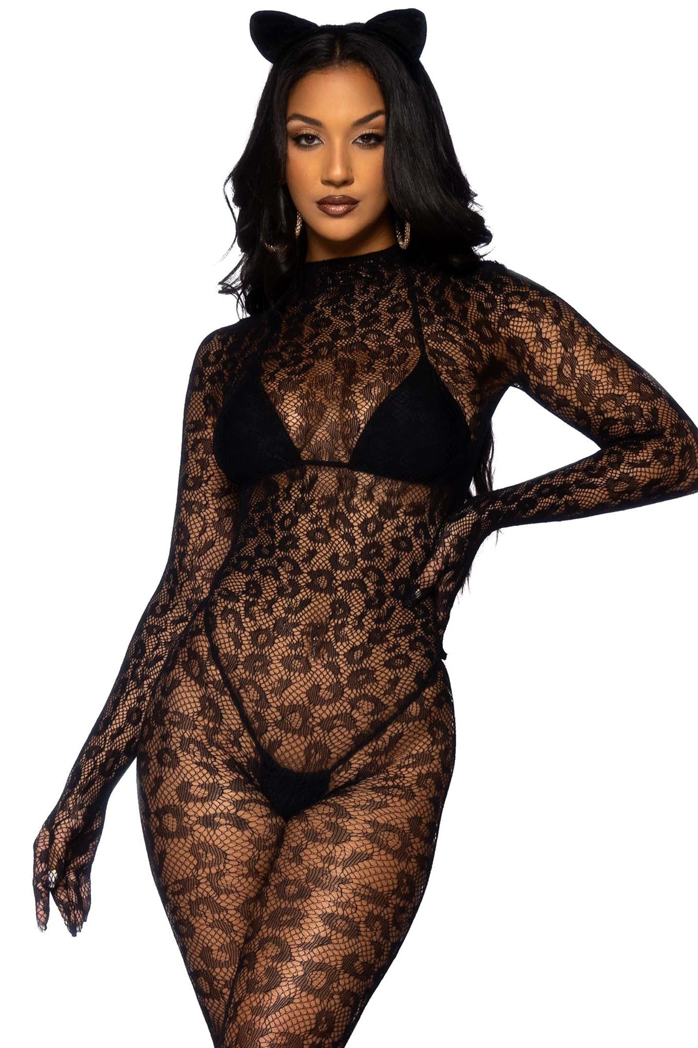 Seamless Leopard Net Gloved Catsuit