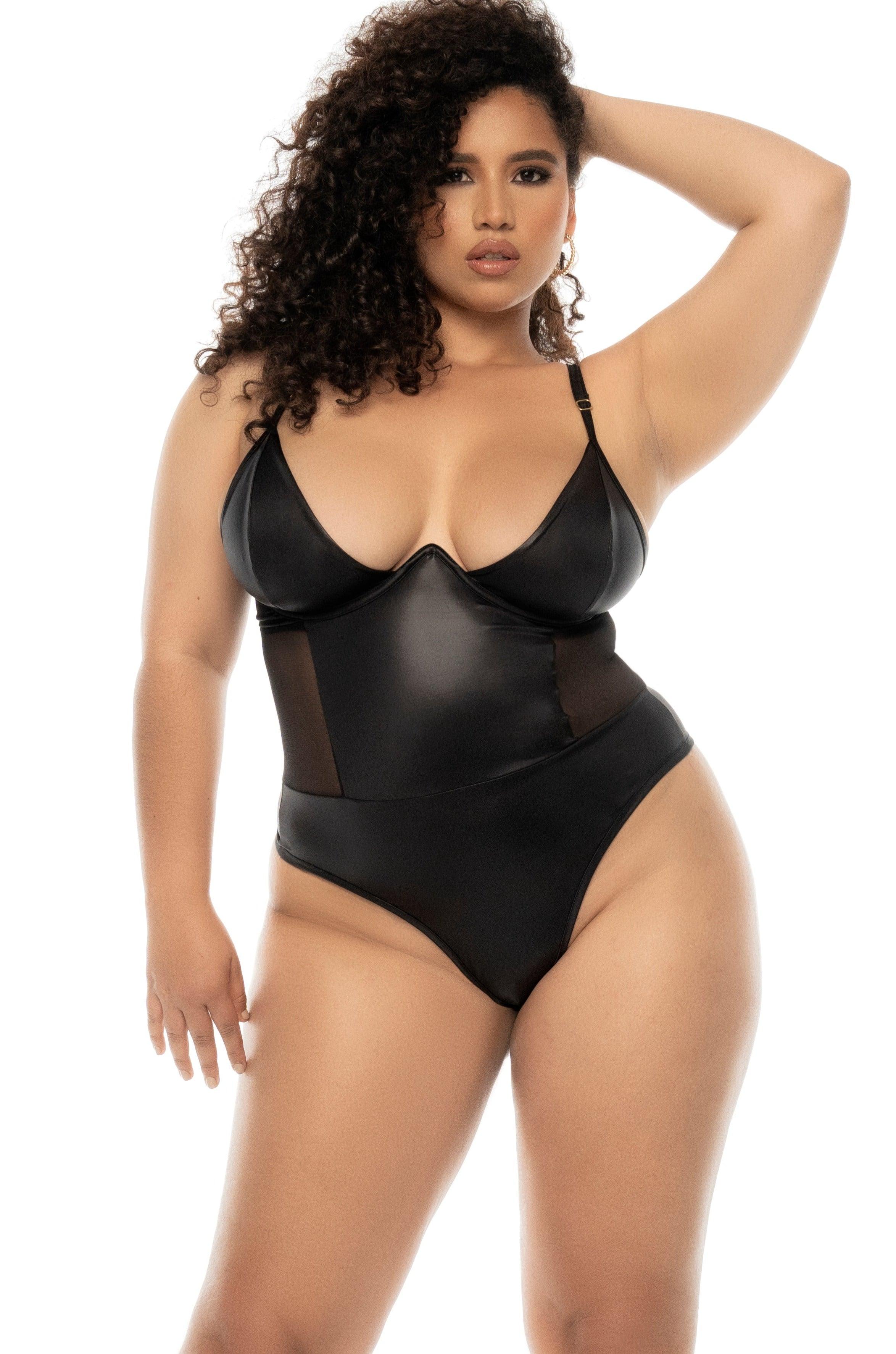 Leather-Effect Fabric with Transparent Tulle Bodysuit | Plus Size