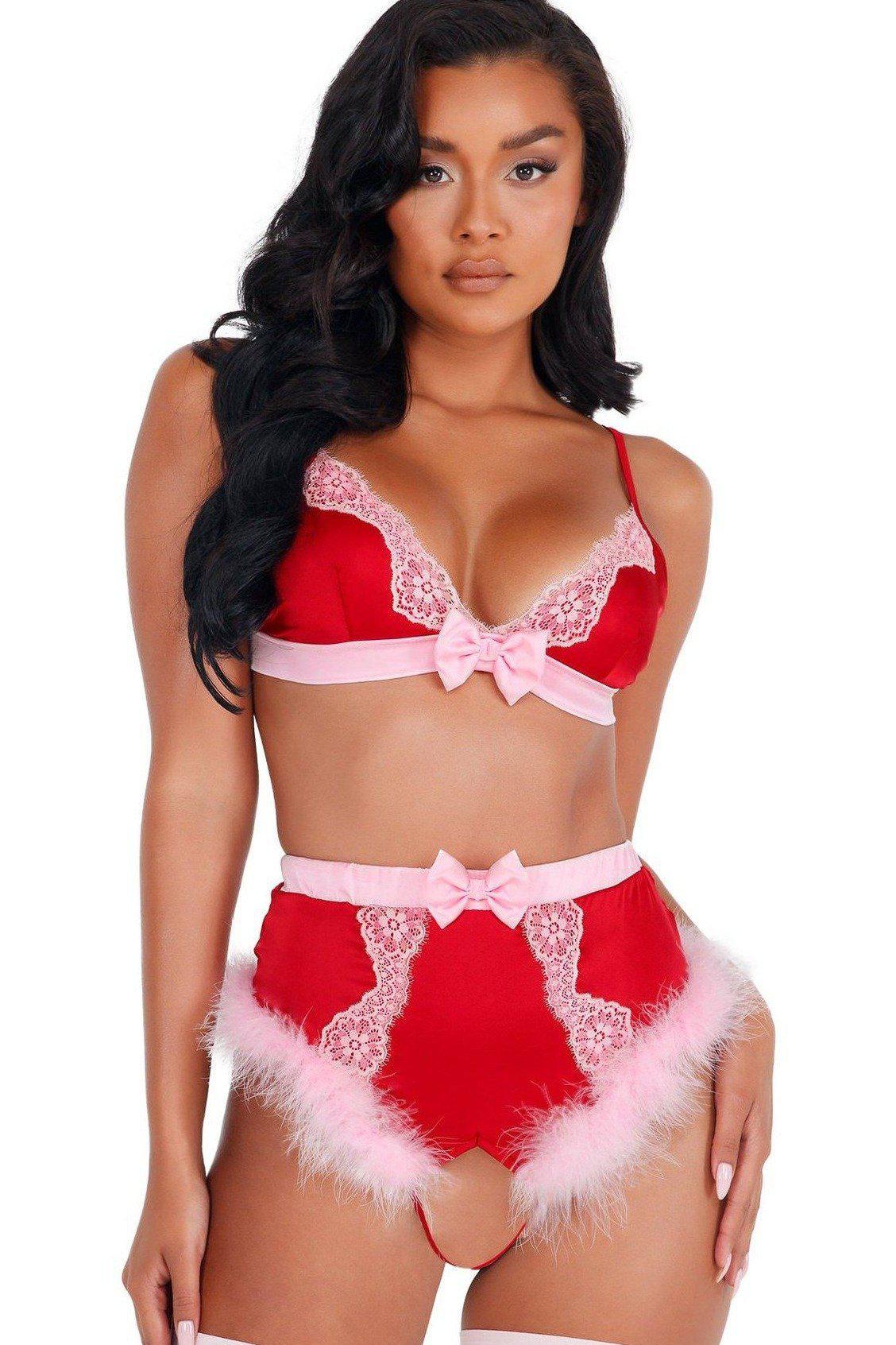 Lace and Satin Marabou Bra Set