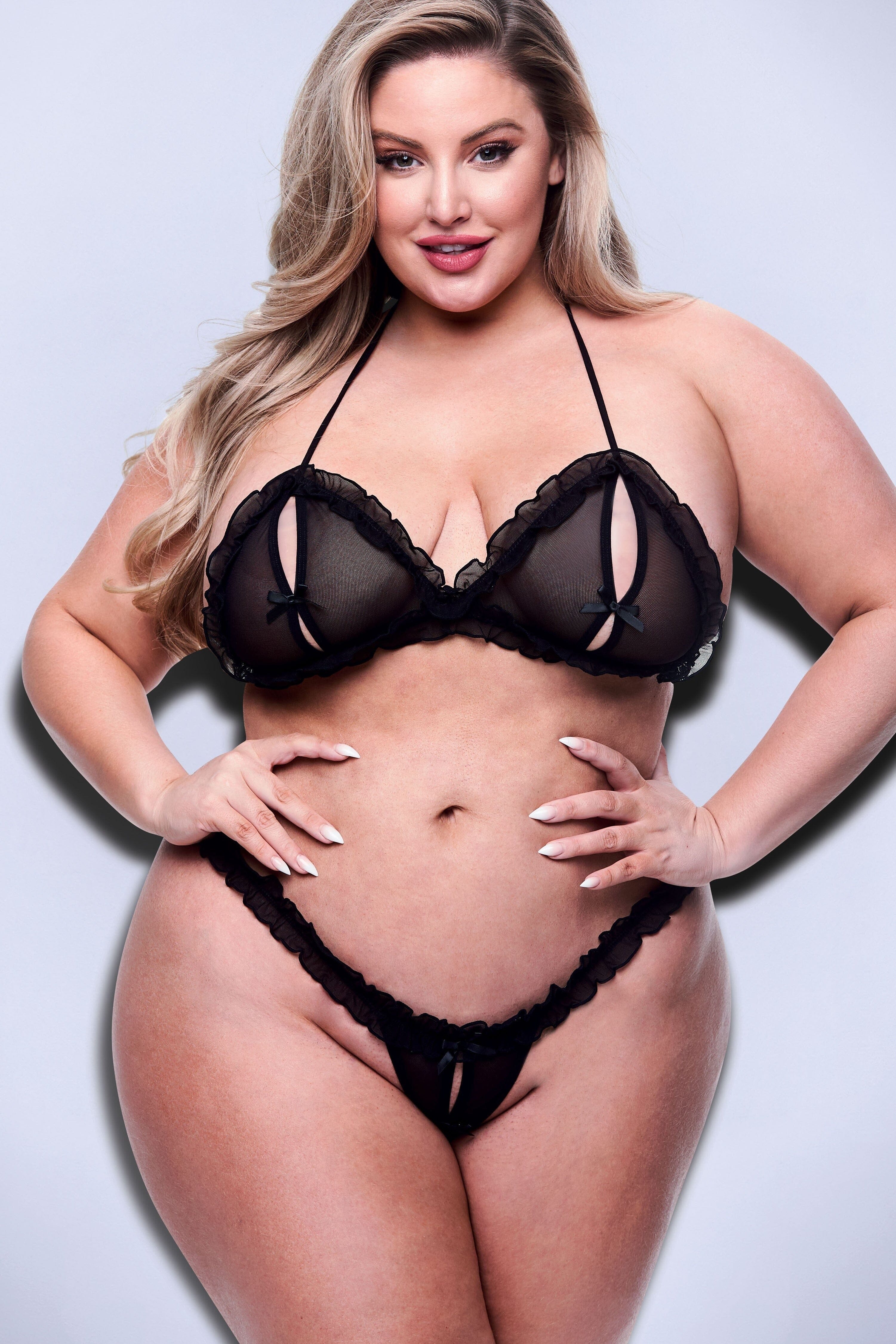 2Pc Peek-A-Boo Bra & Crotchless G-String Set | Plus Size