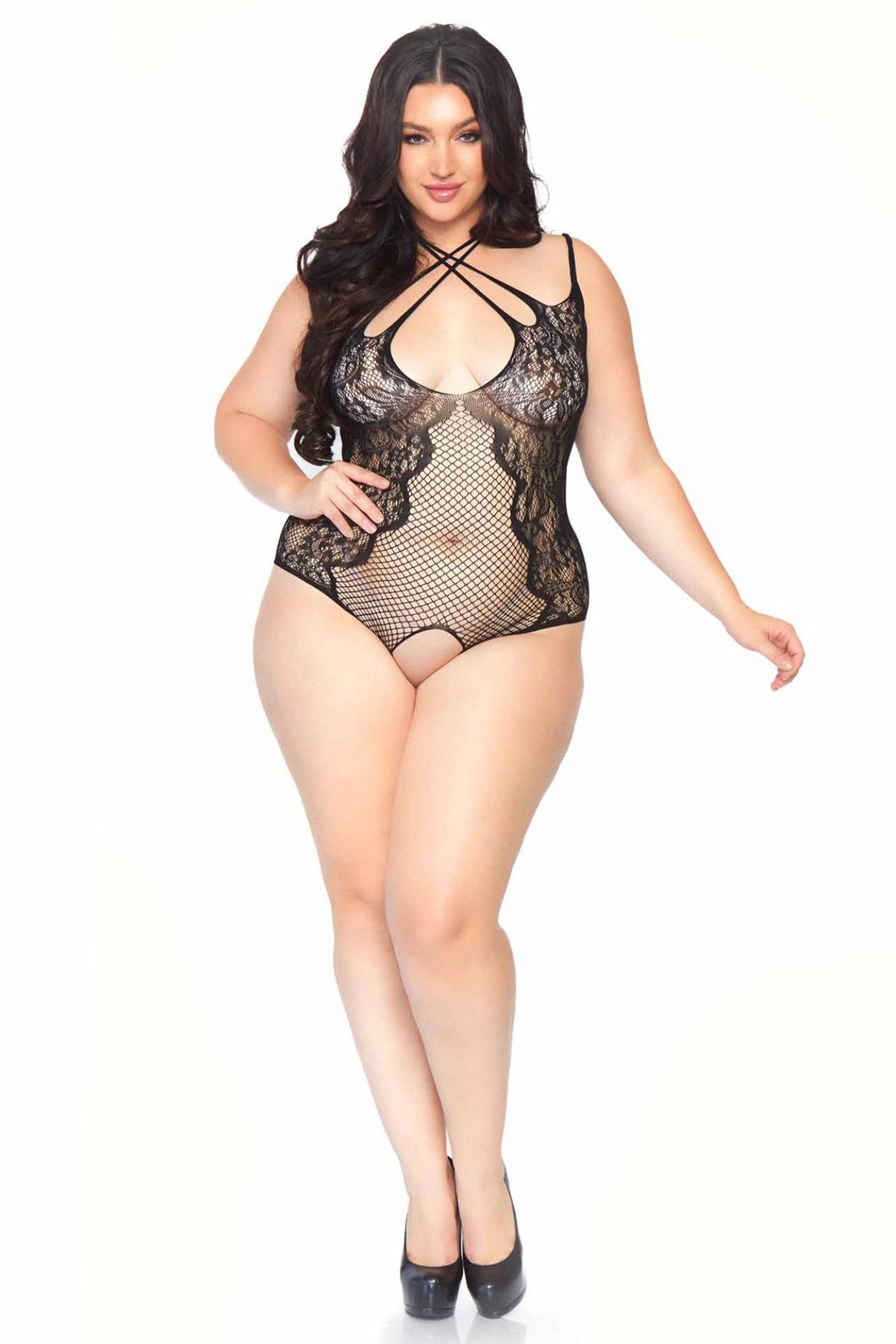 Plus Size Lace Net Crotchelss Strappy Halter Neck & Faux Lace Up Teddy