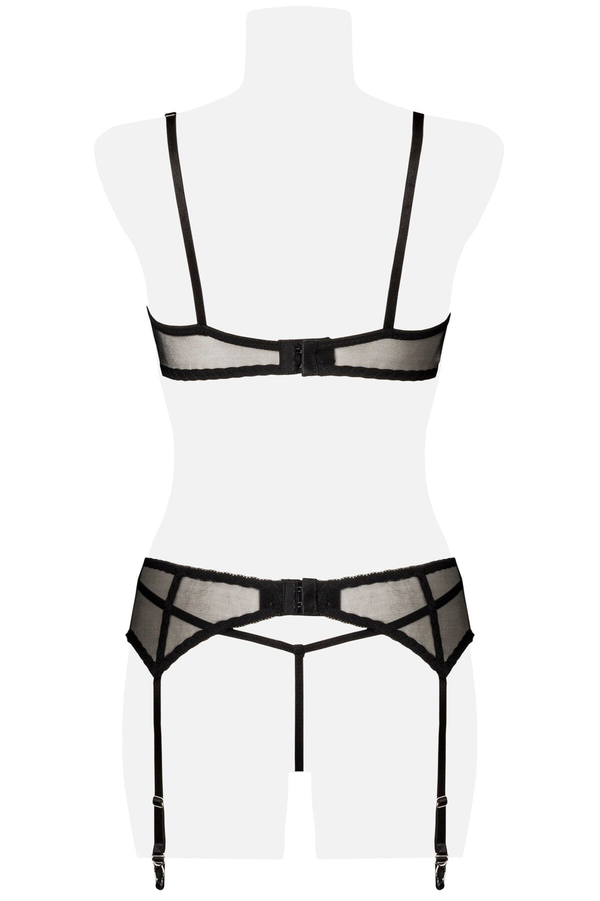 3 Piece Suspender Balconette Bra W/Bows And Garter Set