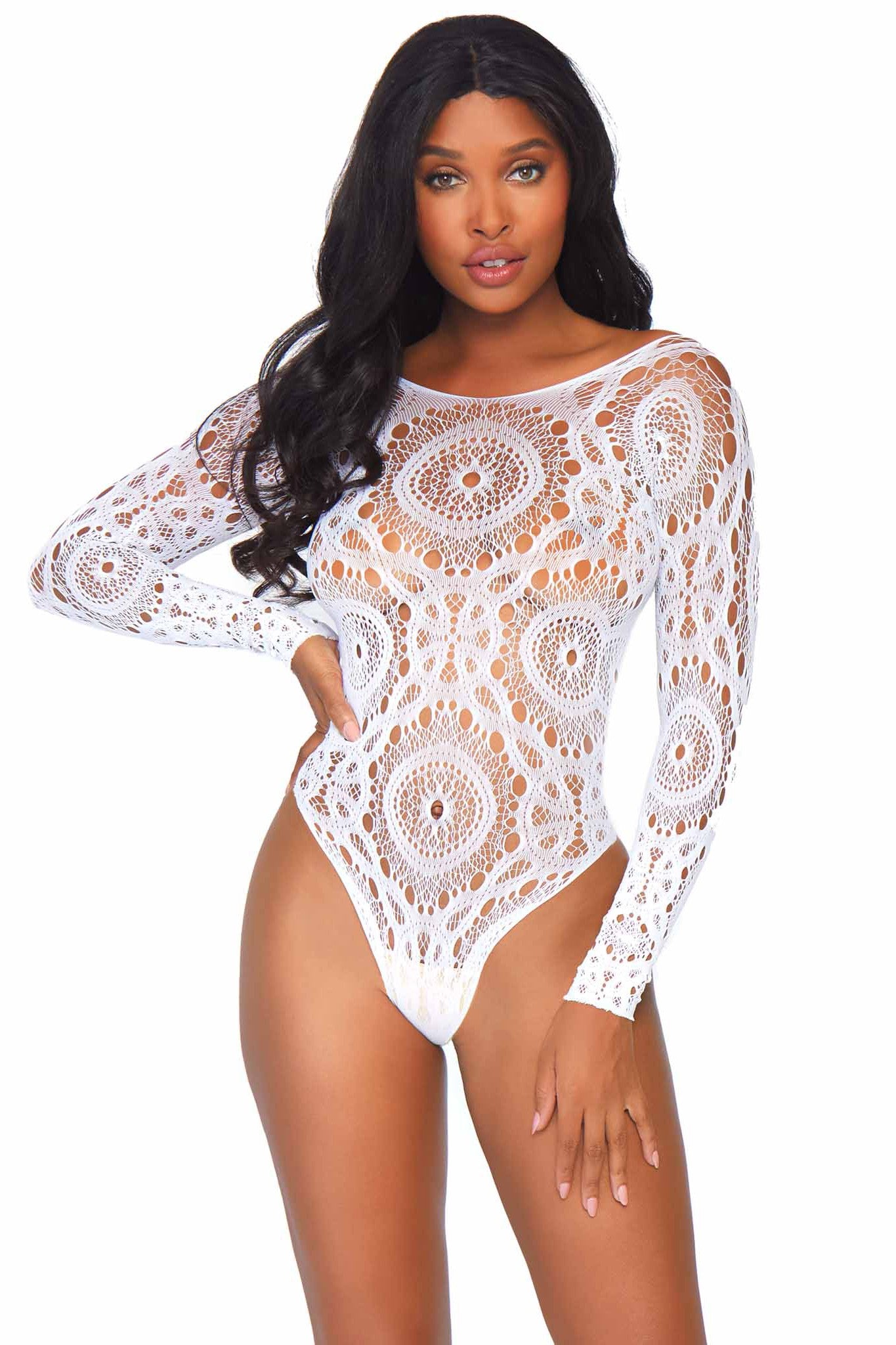 Crochet Lace Long Sleeved Snap Crotch Thong Back Teddy