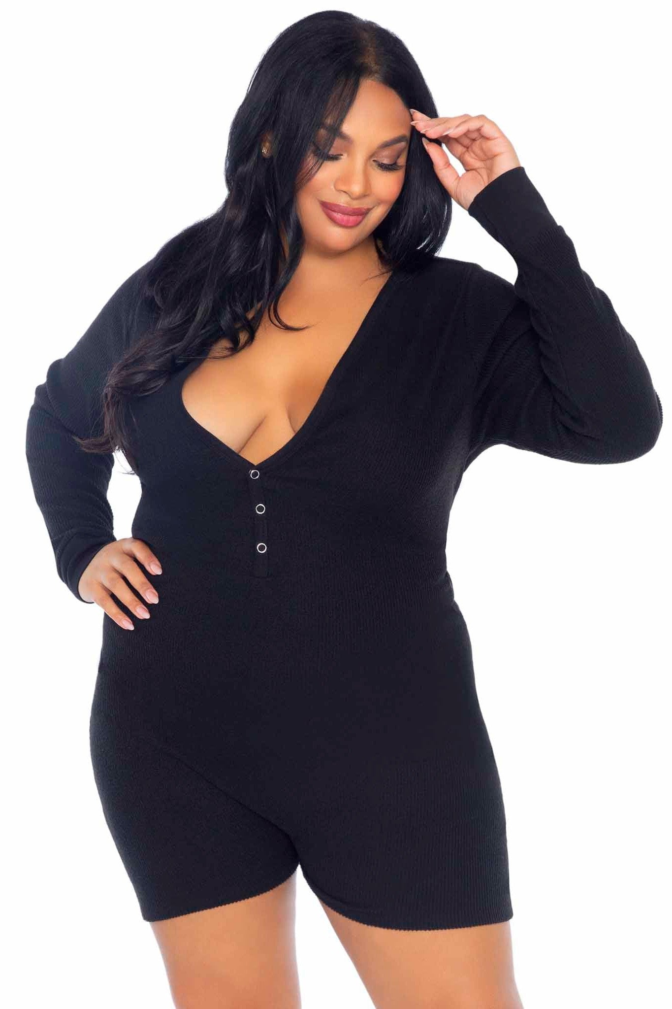 Plus Size Brushed Rib Romber Long Johns, Snap Closure Back Flap