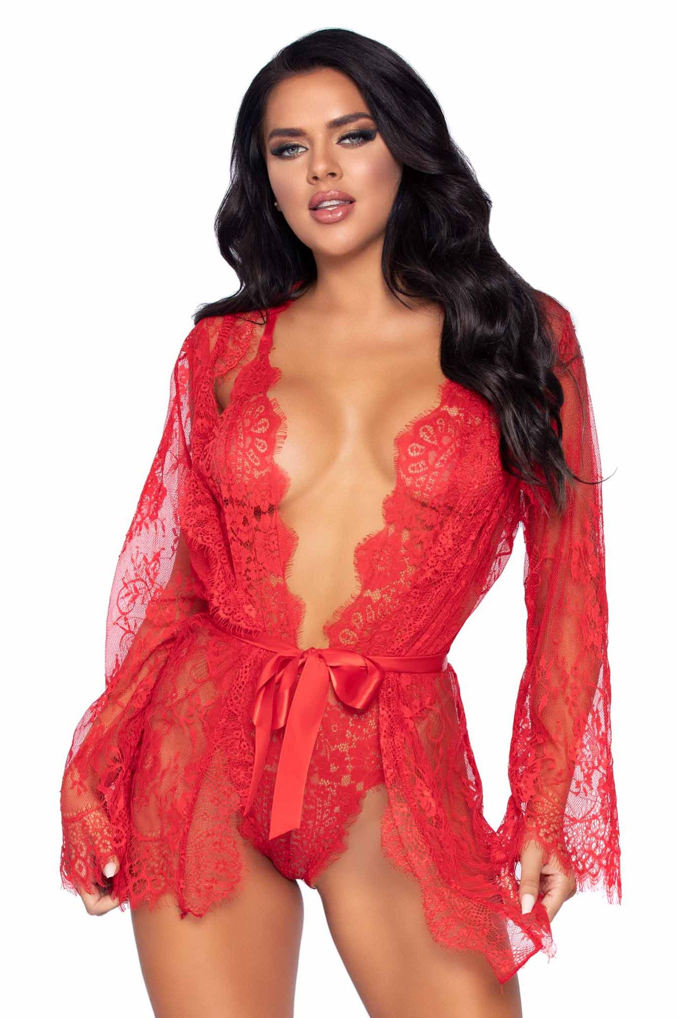 3 Piece Floral Lace Teddy, Thong Back, Matching Robe & Satin Tie