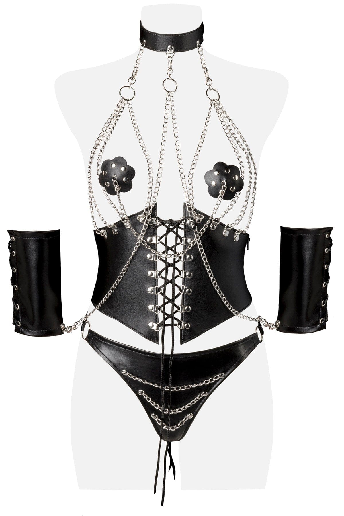 4 Piece Chain Halter Bra W/Corset & Bikini Bottoms