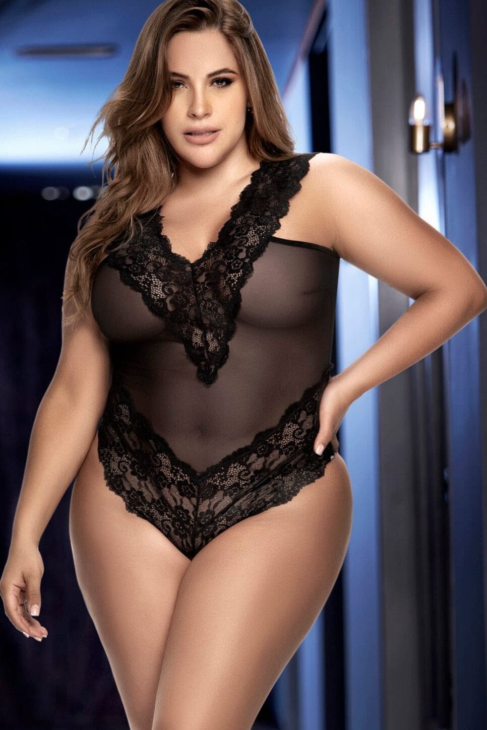 Lace and Sheer Deep Plunge Teddy | Plus Size