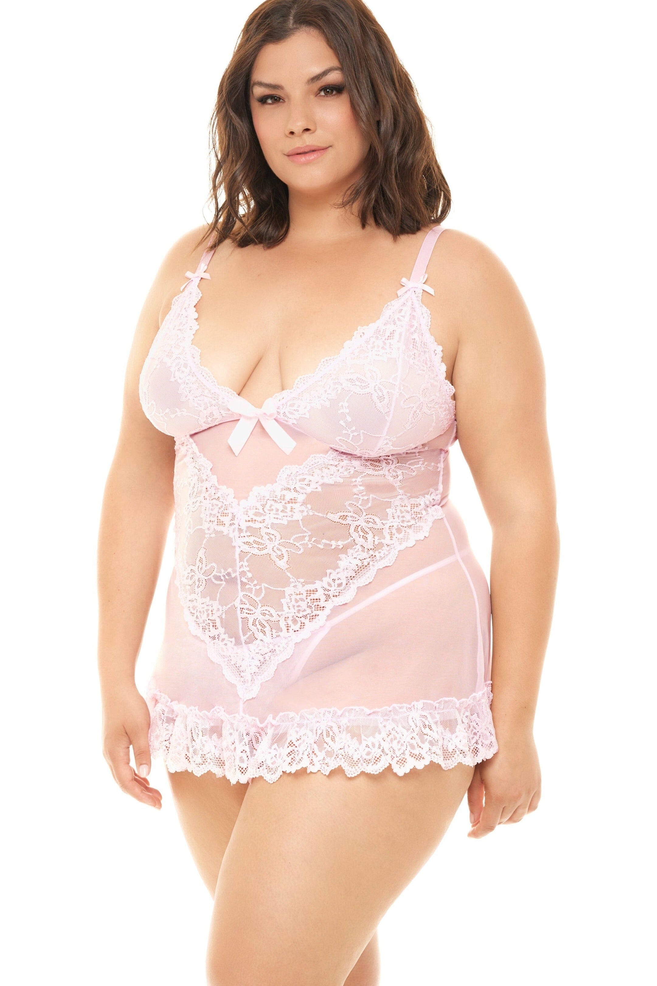 Plus Size Lace And Bows Babydoll Set