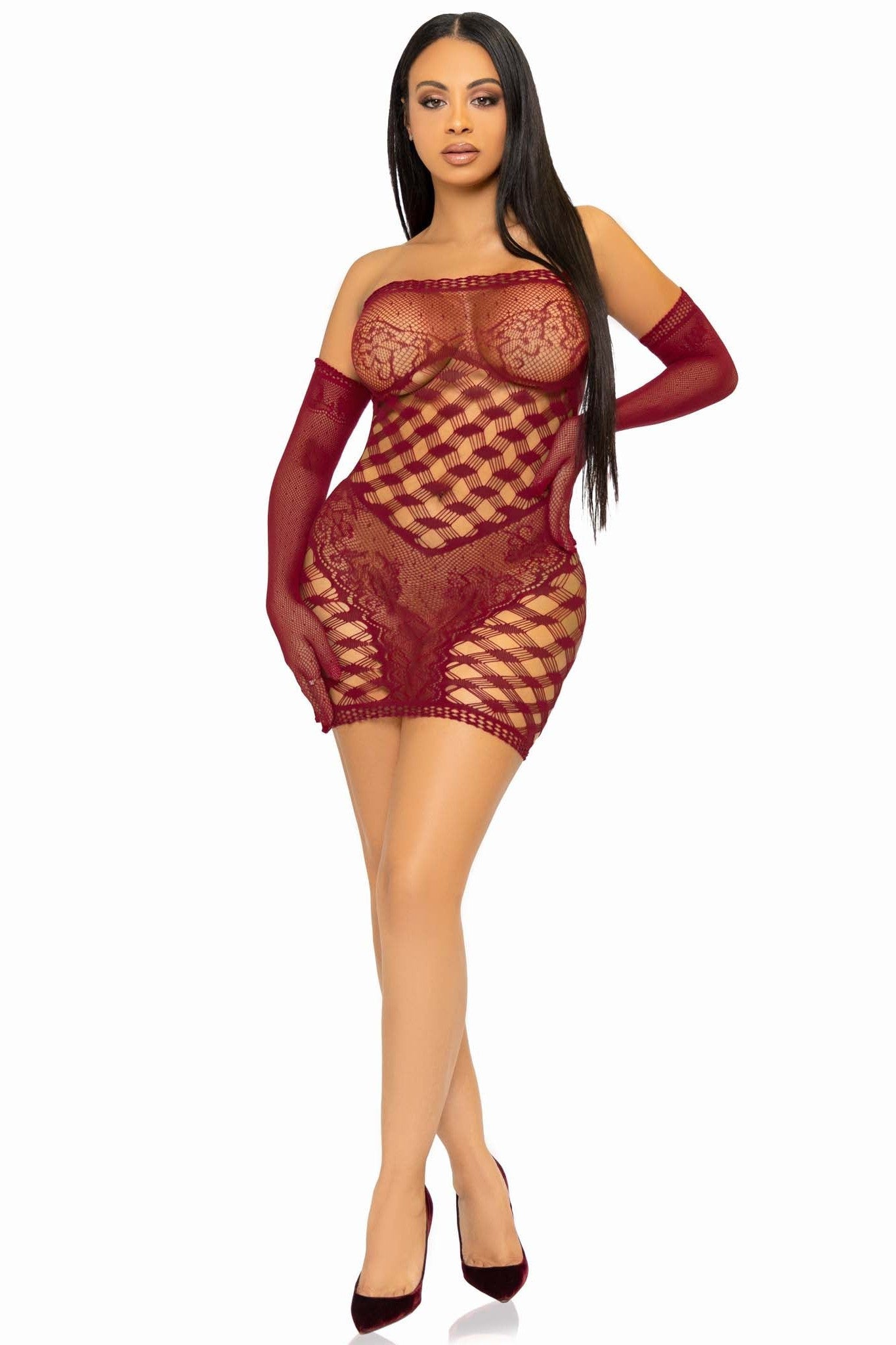 2 Piece Hardcore Net Tube Dress W/Lace Accent & Matching Gloves