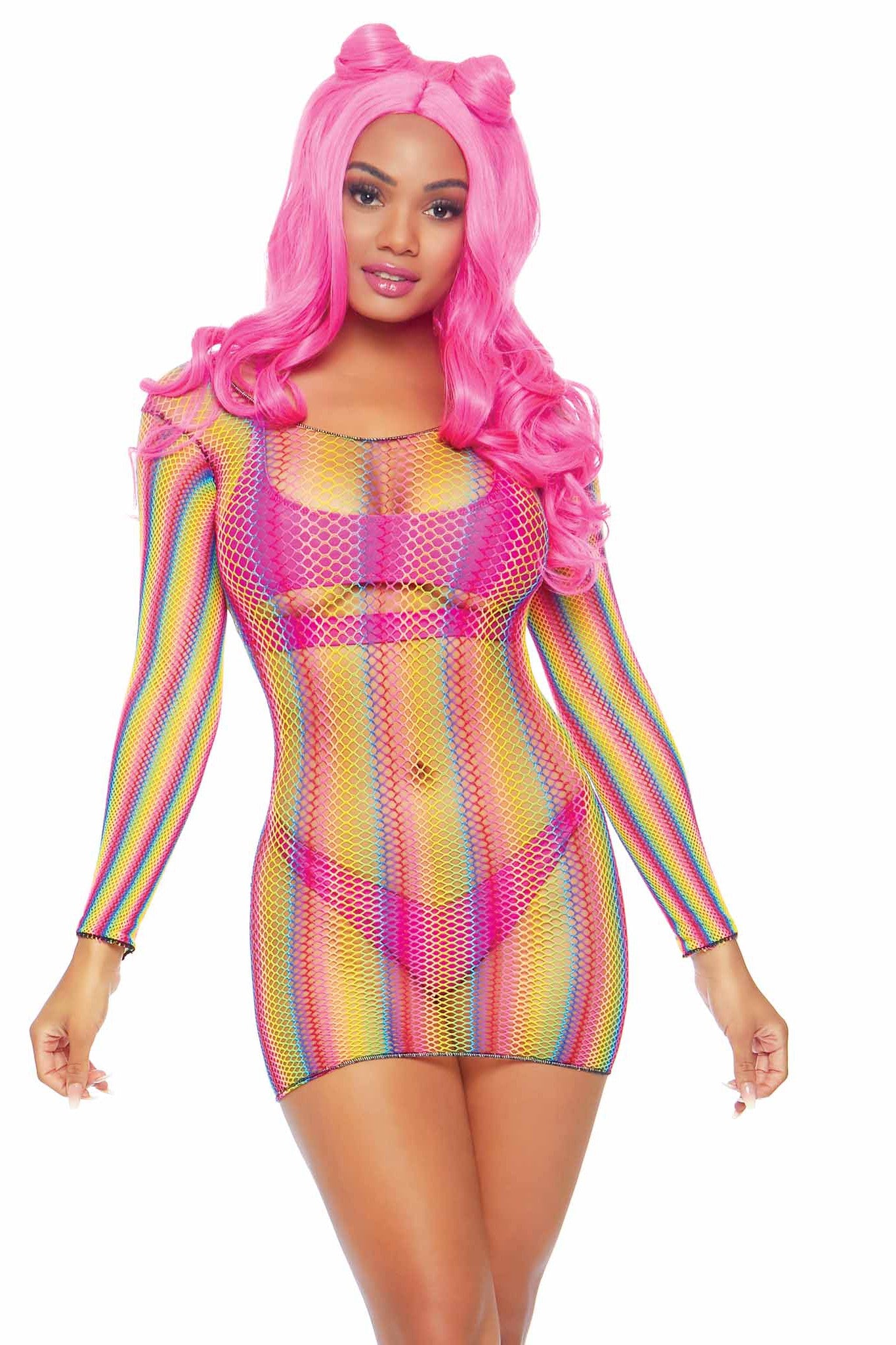 Rainbow Fishnet Long Sleeved Mini Dress