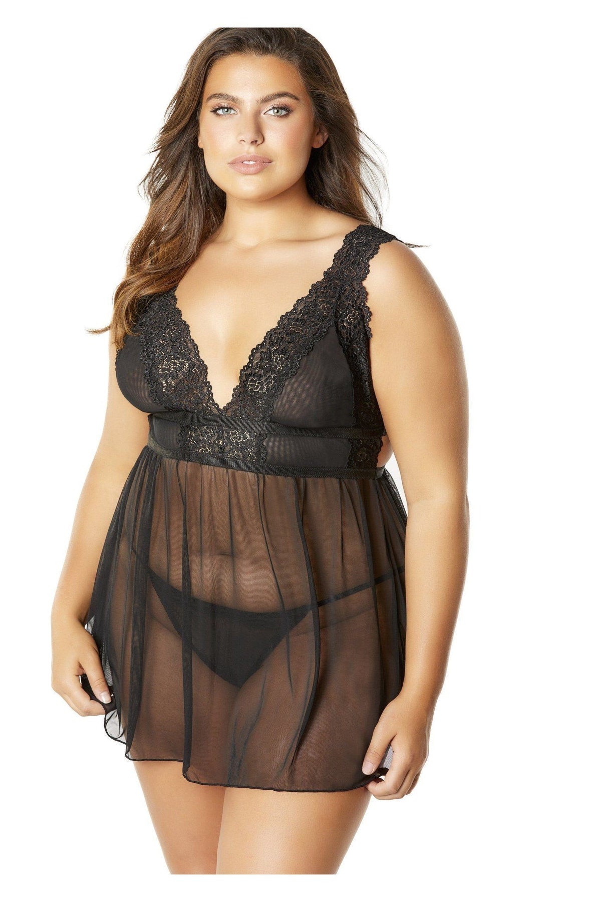 Plus Size Mesh And Lace Frame Empire Babydoll With G-String