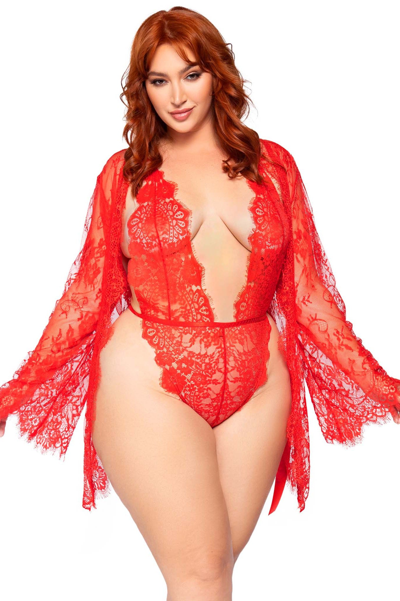 Plus Size 3 Piece Floral Lace Teddy, Thong Back, Matching Robe & Satin Tie