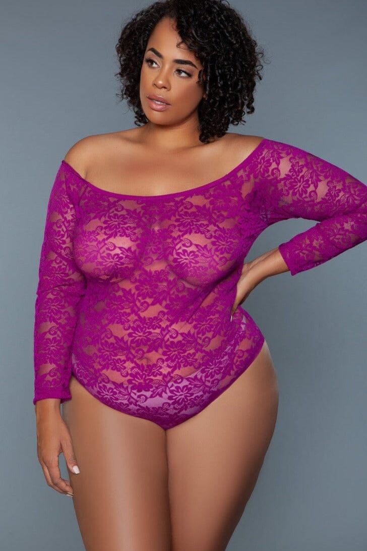 Fuchsia Scooped Neck Long Sleeves Bodysuit | Plus Size