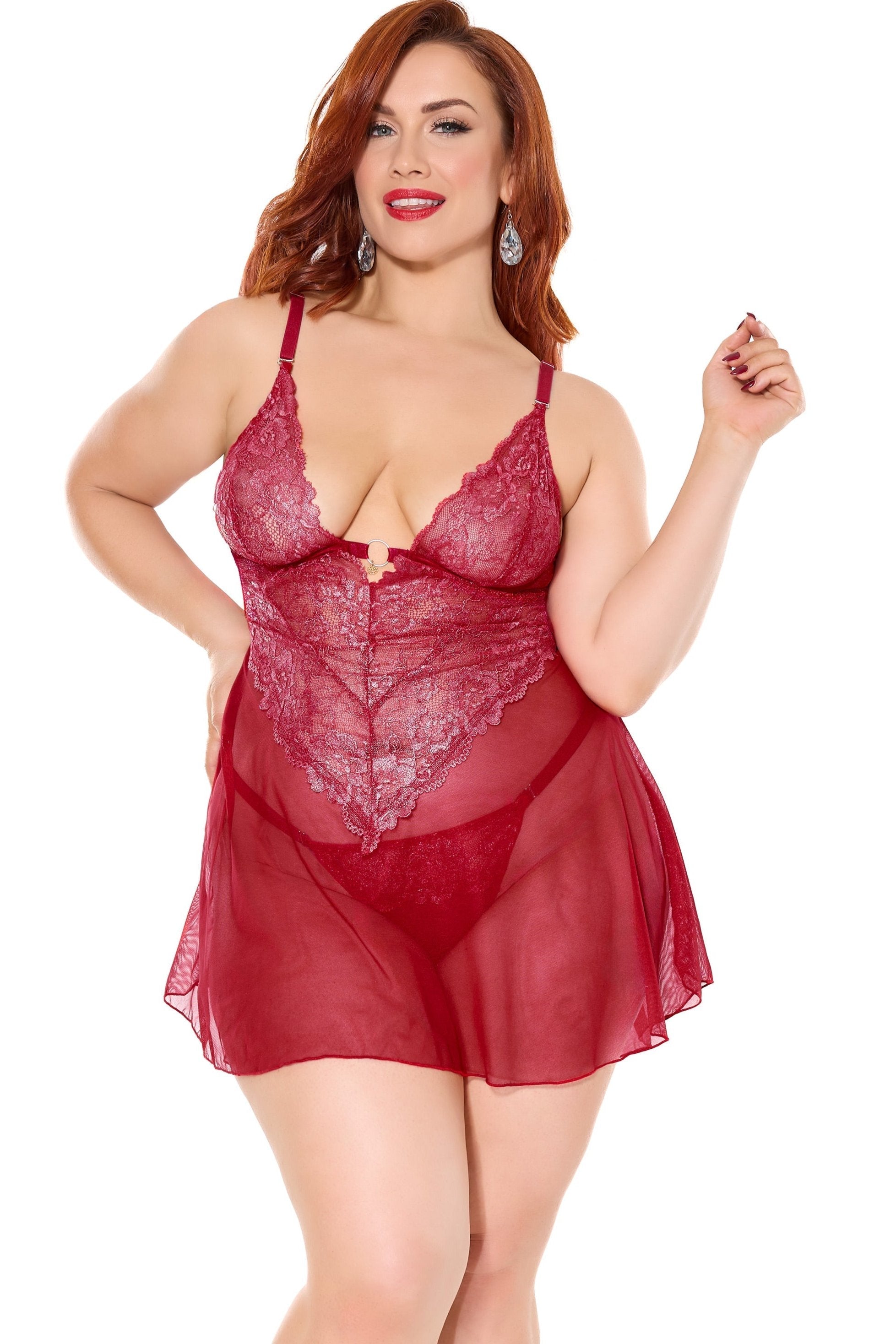 Shimmer Stretch Lace Babydoll and Thong