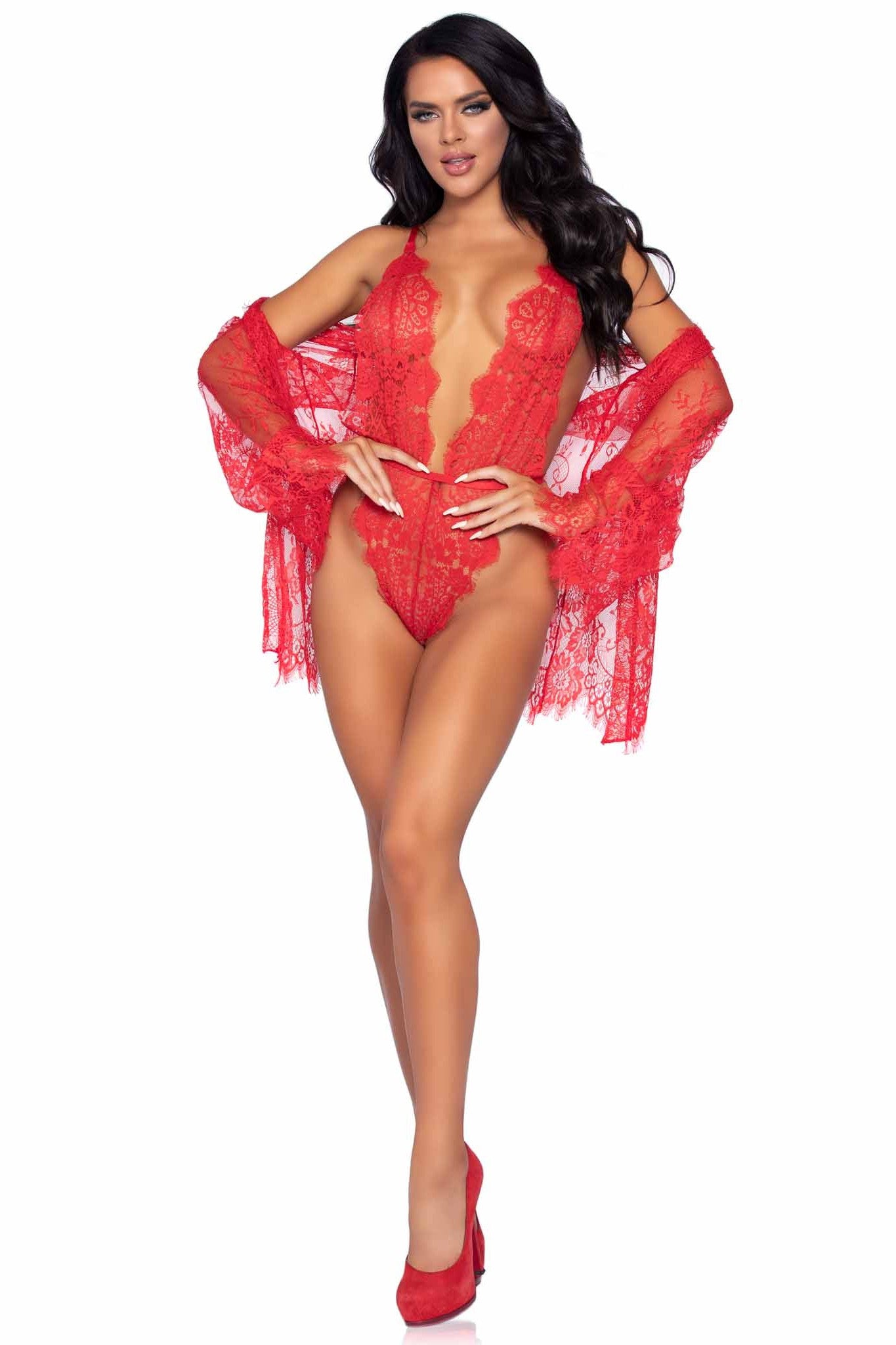 3 Piece Floral Lace Teddy, Thong Back, Matching Robe & Satin Tie