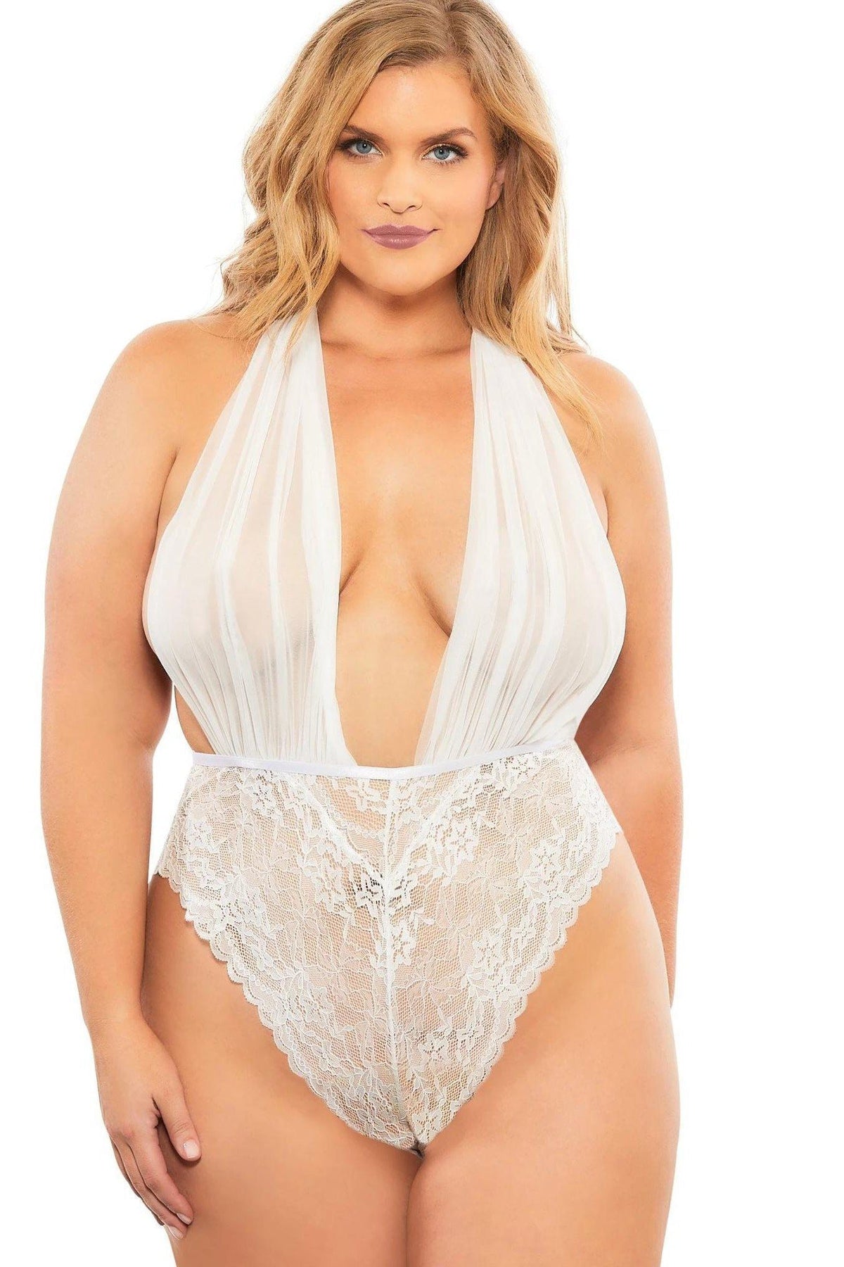 Plus Size Mesh Plunge Halter Teddy