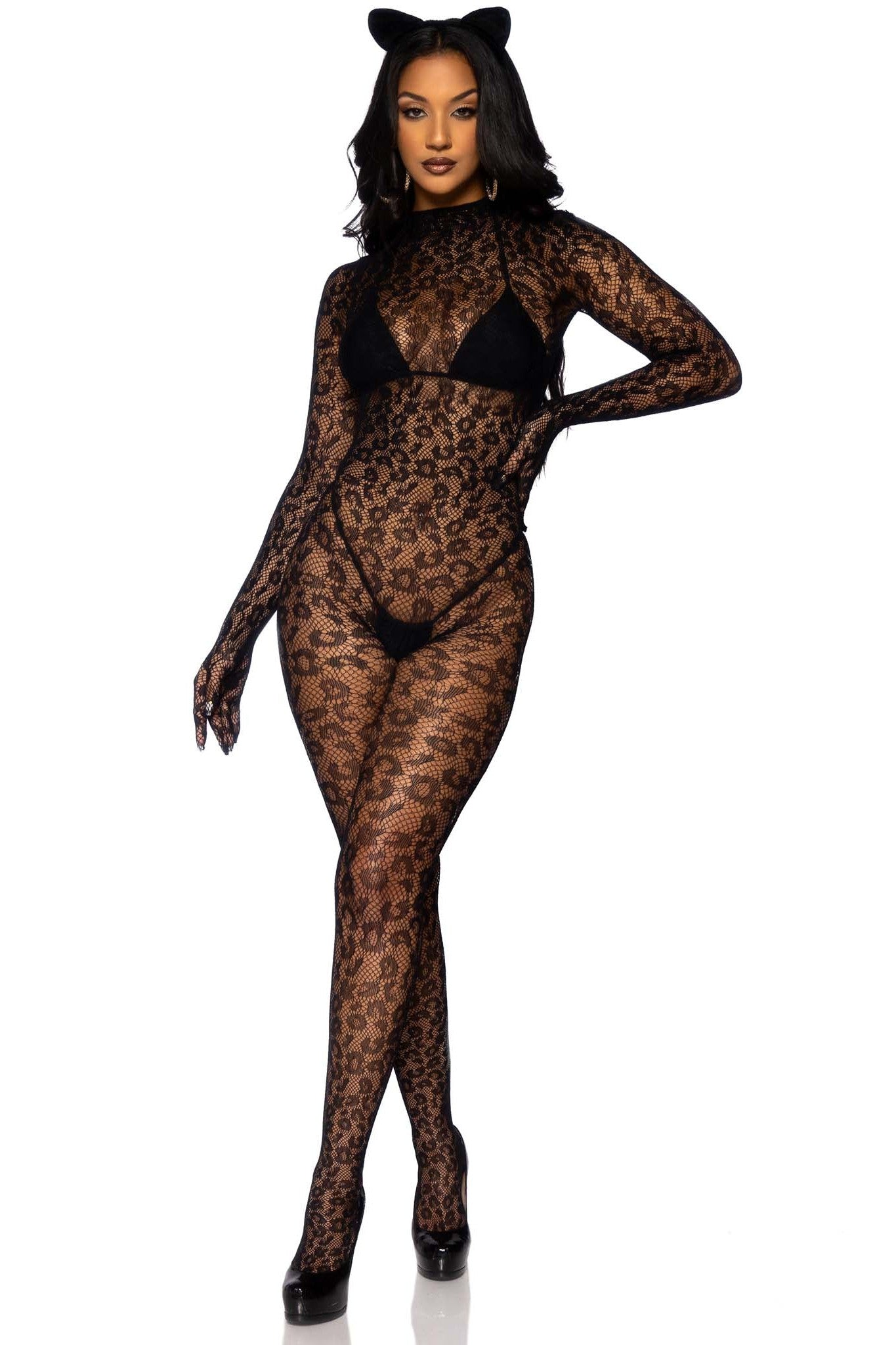 Seamless Leopard Net Gloved Catsuit