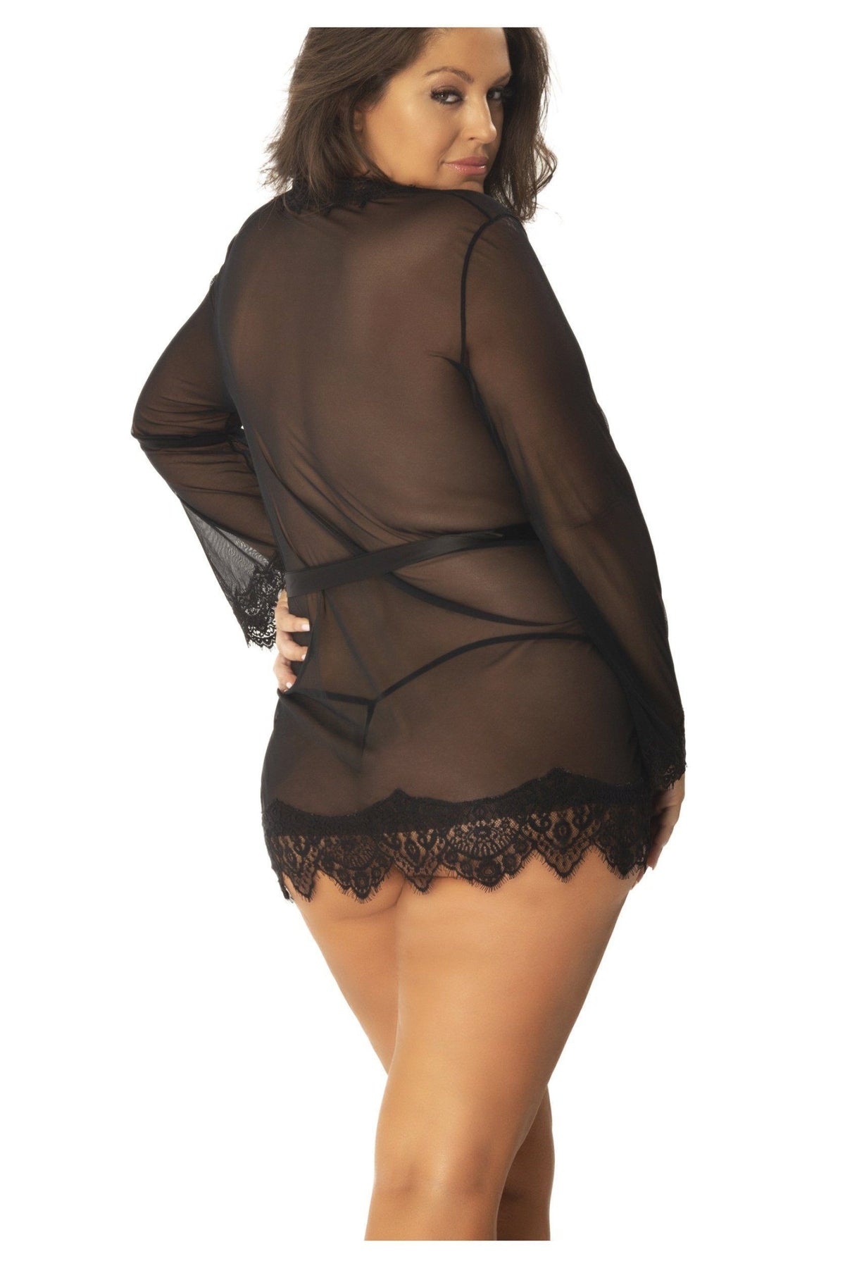 Plus Size Eyelash Lace Robe With Satin Sash + G-String