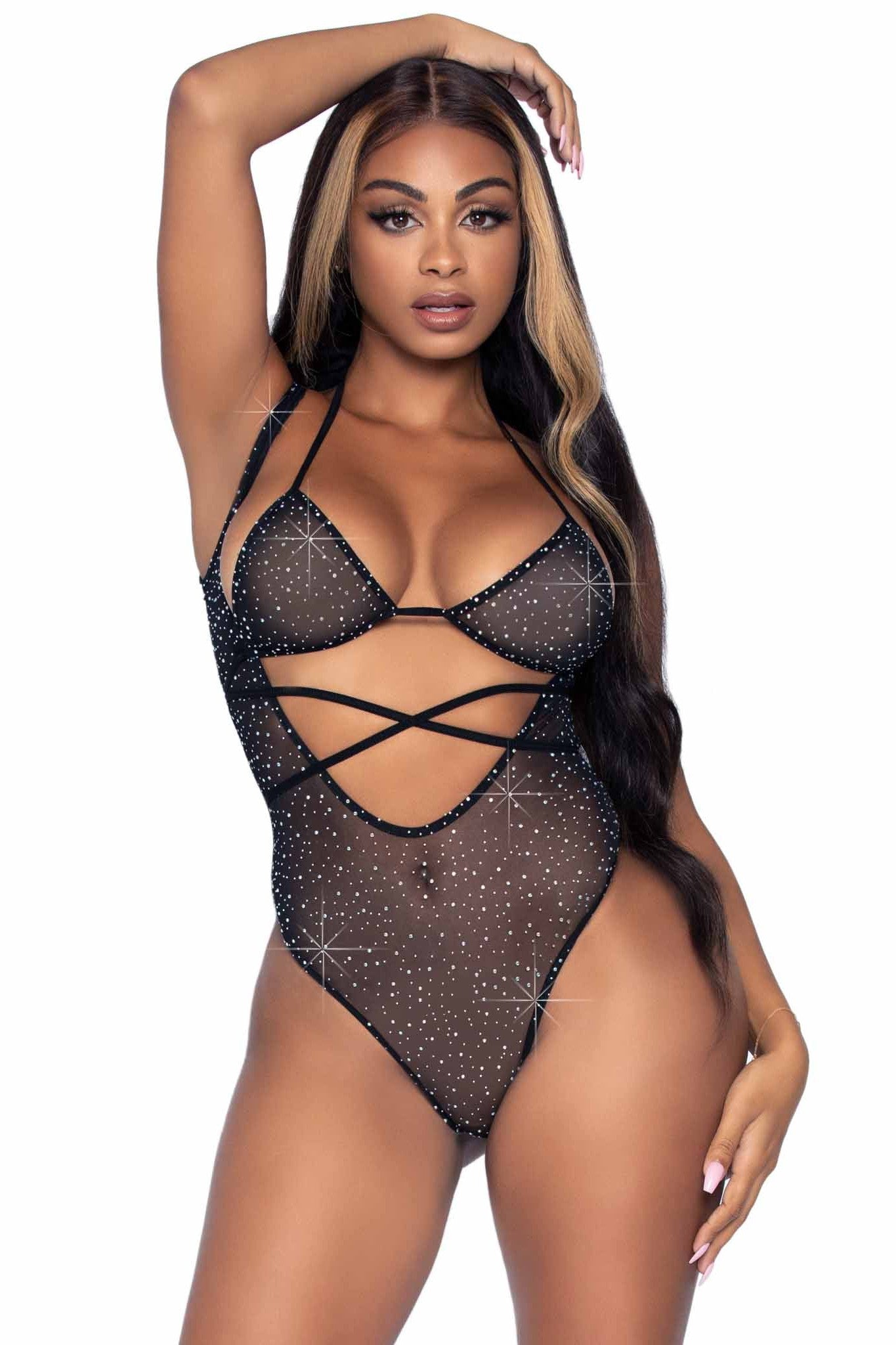 2 Piece Rhinestone Mesh Wrap Around Bikini Top & Suspender Bodysuit