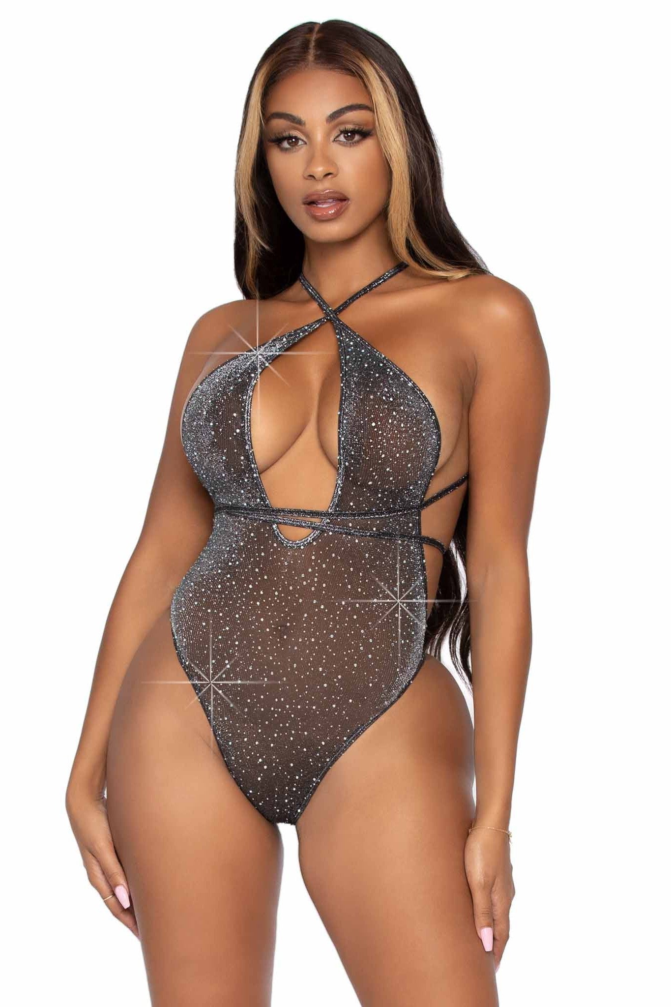 Shimmer Sheer Lurex Rhinestone Teddy With Thong Back & Convertible Wrap-Around Straps