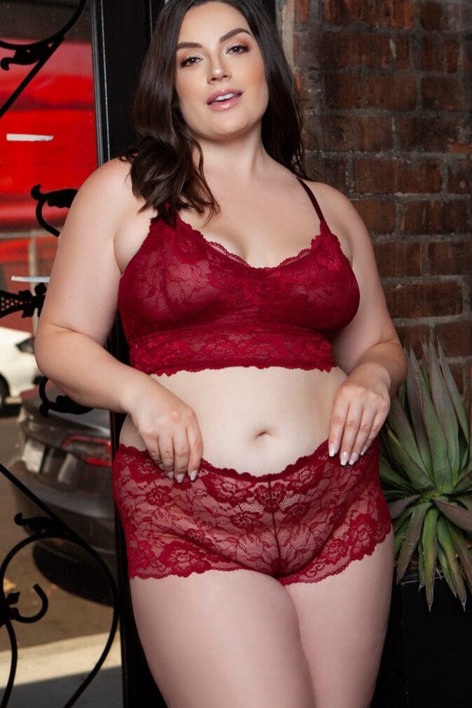 Maroon Red Cami Set With Scalloped Edges Design | Plus Size