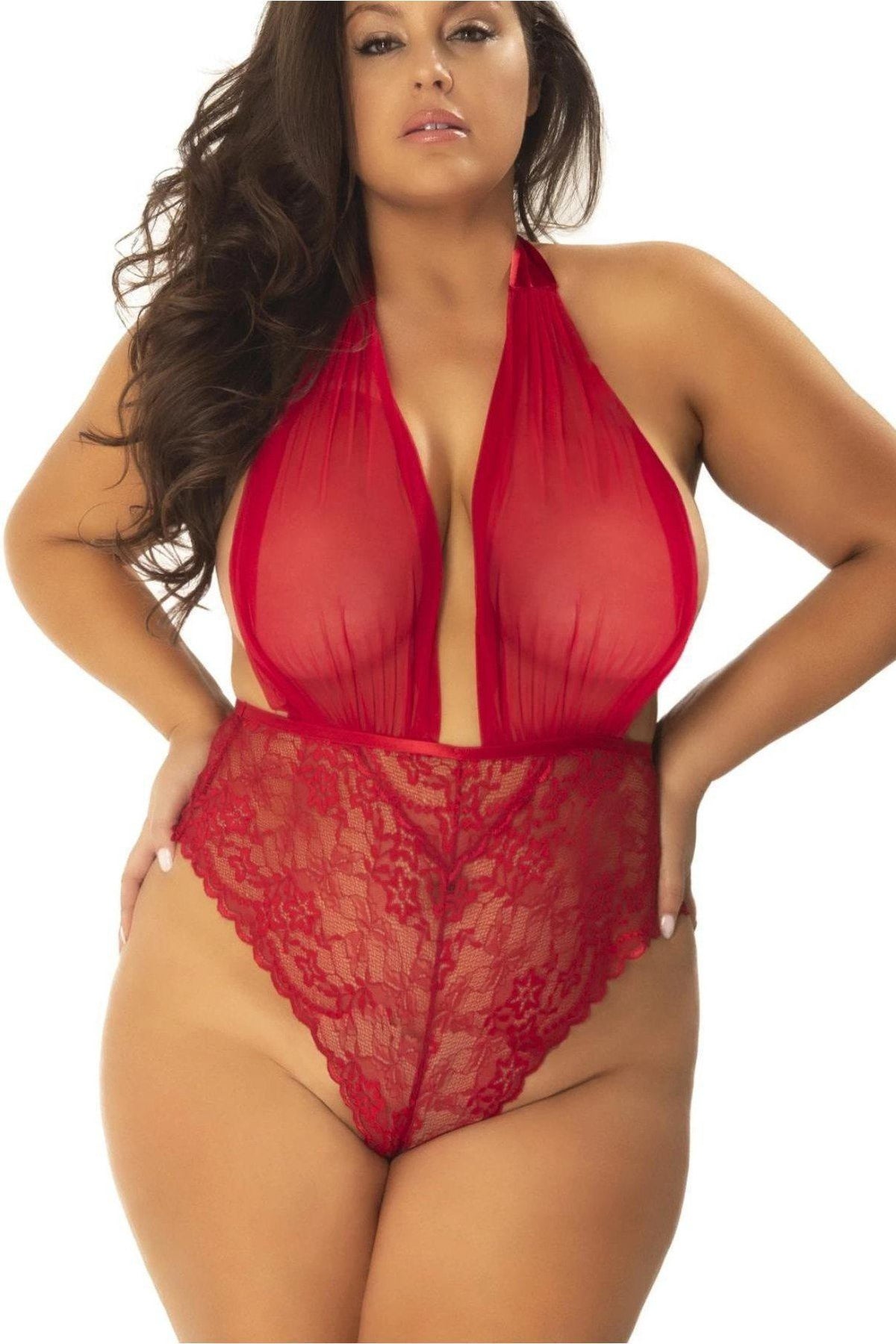 Plus Size Mesh Plunge Halter Teddy