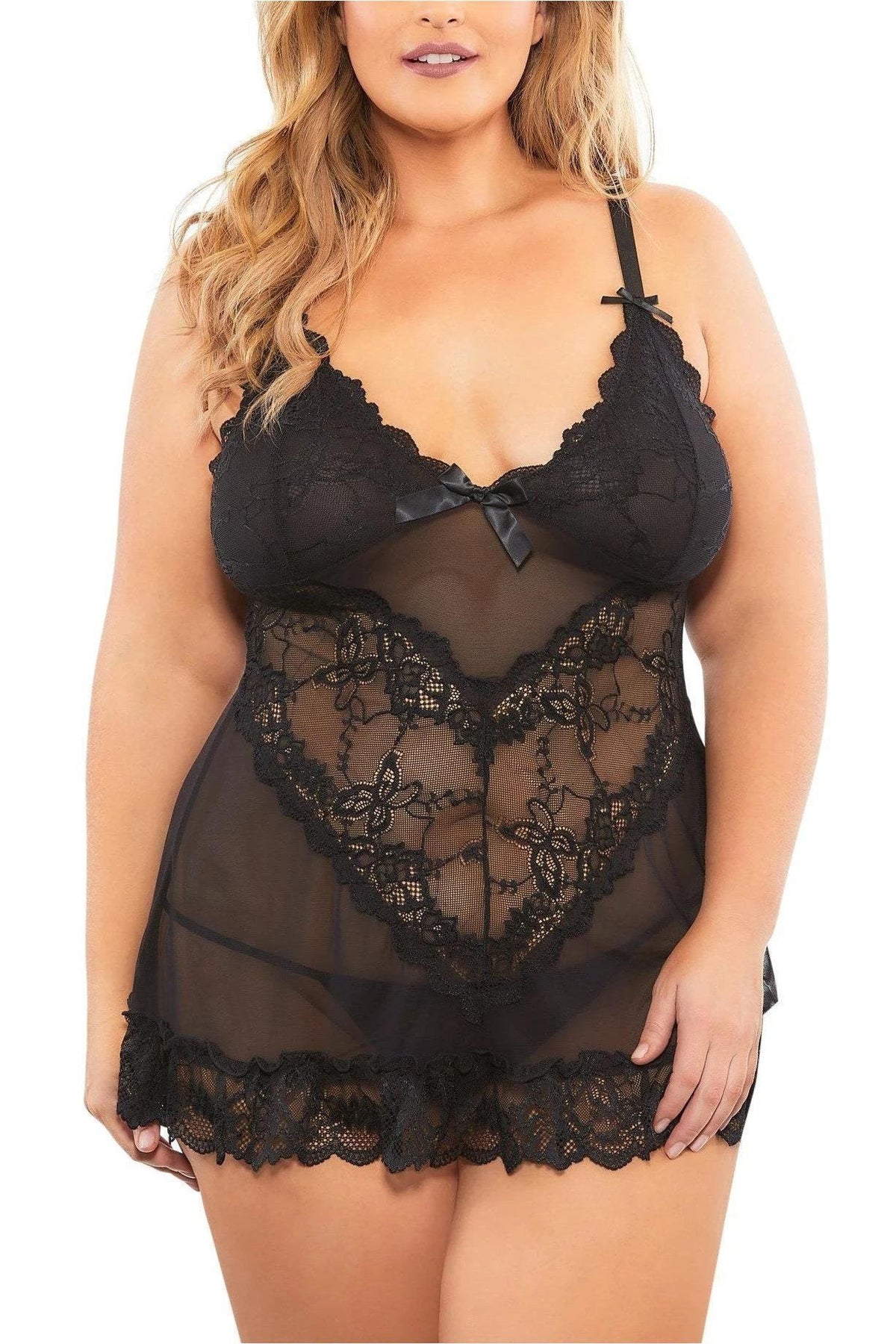 Plus Size Soft Cup Lacey Babydoll G-String Set