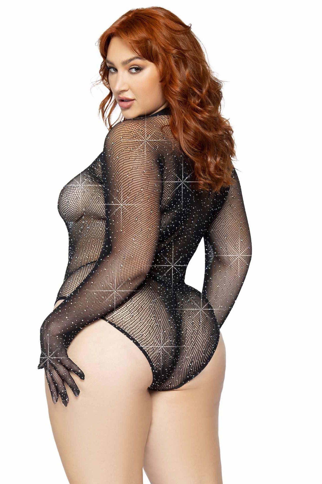 Plus Size Rhinestone Fishnet Gloved Bodysuit With Snap Crotch