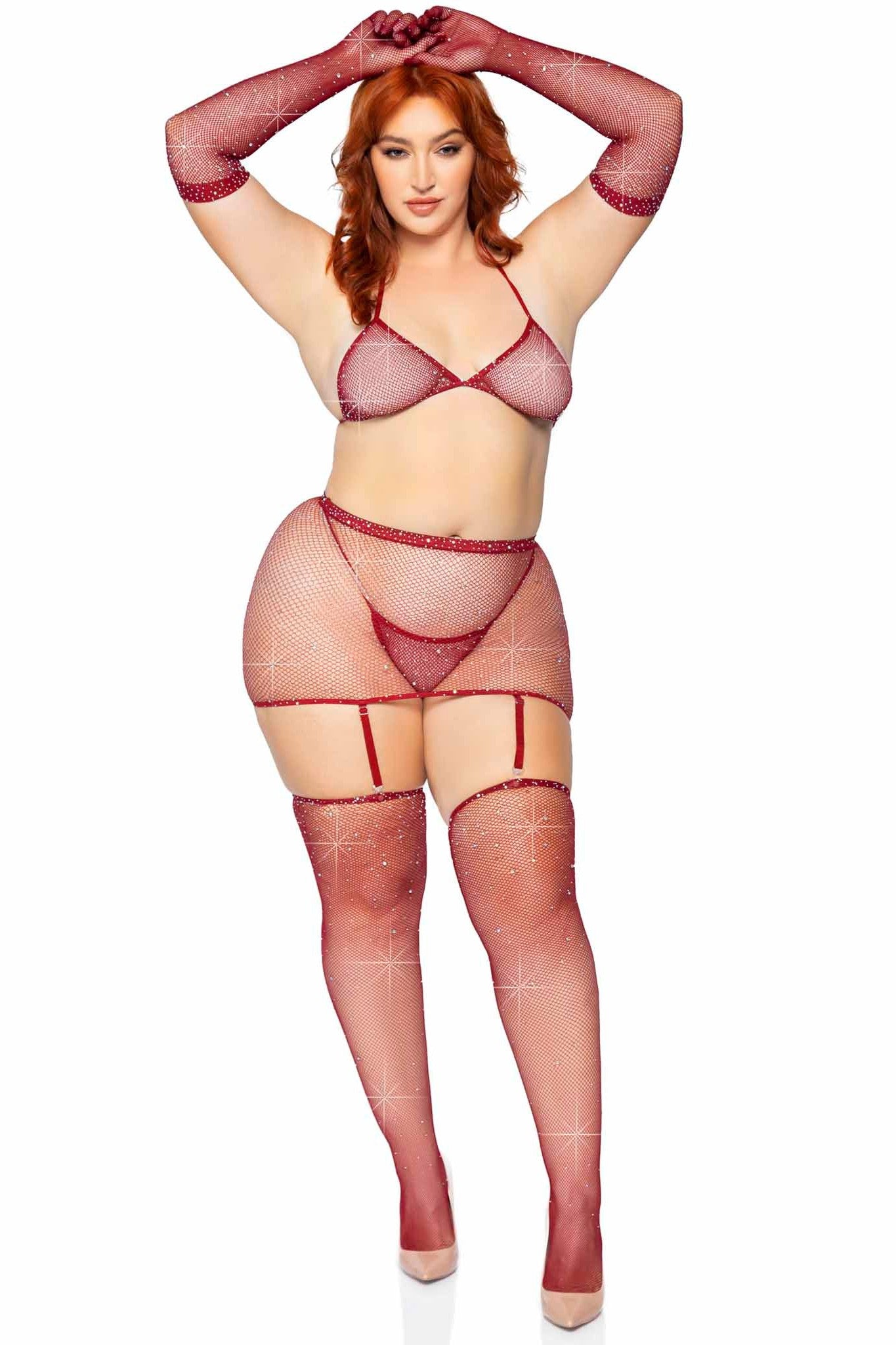 Plus Size Rhinestone Fishnet Garter Skirt Set W/Bikini Top & Accessories