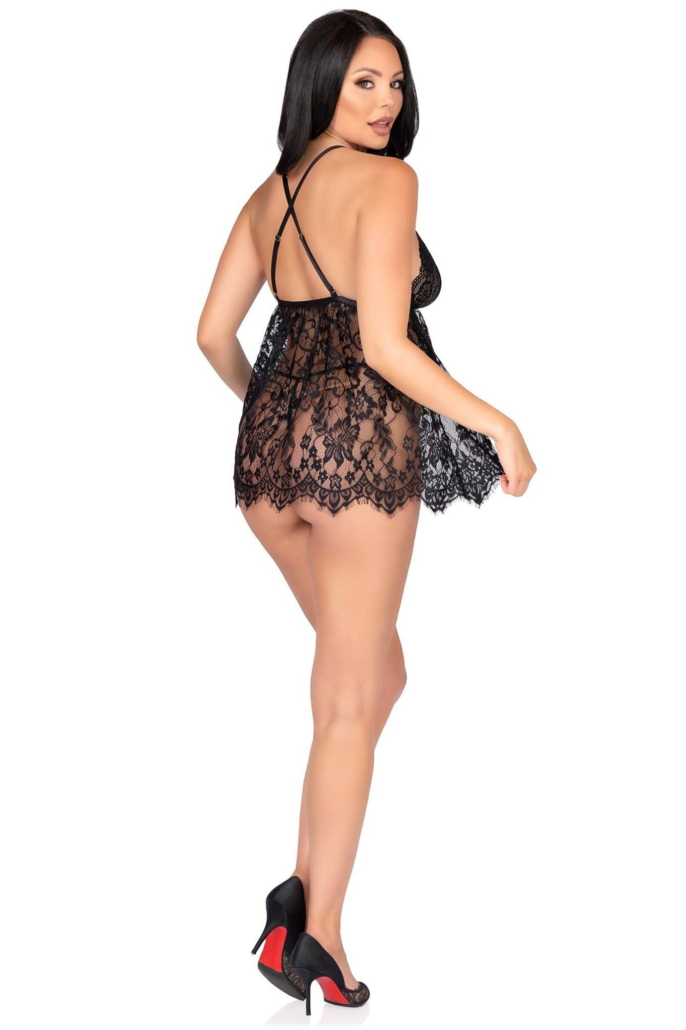 2 Piece Floarl Lace Babydoll, Scalloped Hem W/Cross-Over Straps