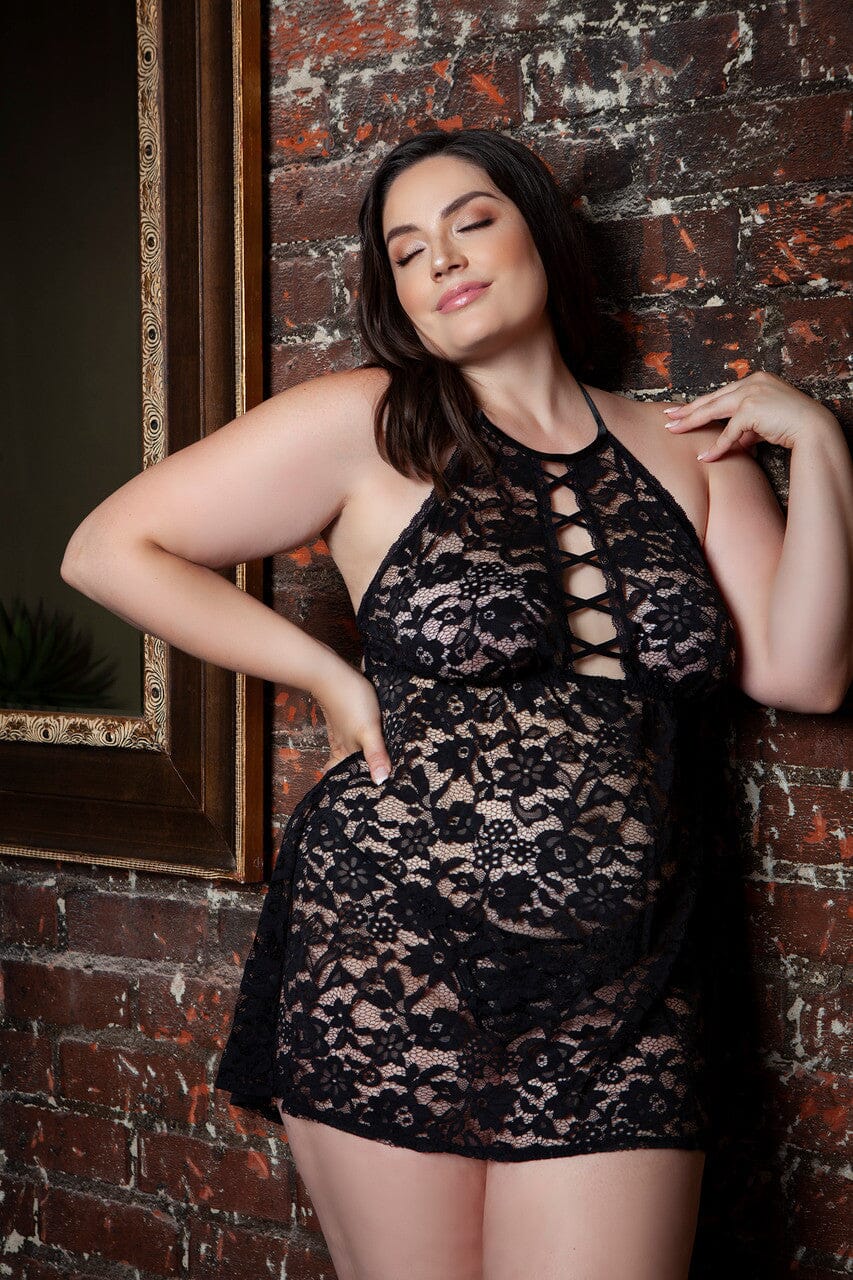 Lace Halter Top Babydoll With Criss Cross Front Detail | Plus Size