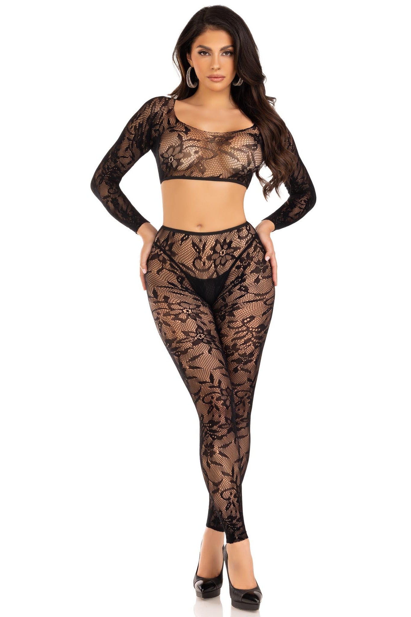 2 Piece Seamless Chantilly Lace Crop Top And Footless Tights